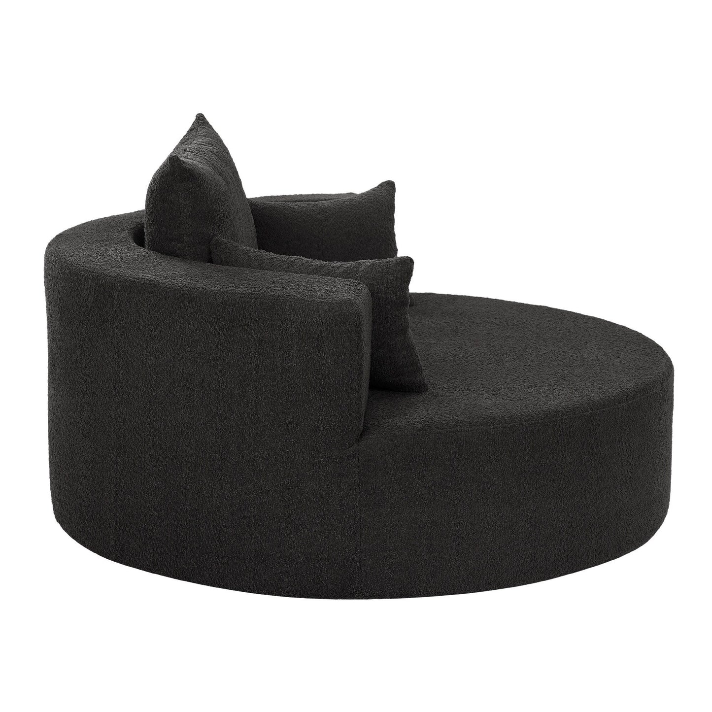 Fauteuil de salon en forme de tonneau avec accoudoirs, en chenille, avec base pivotante à 360 degrés et 3 coussins amovibles.