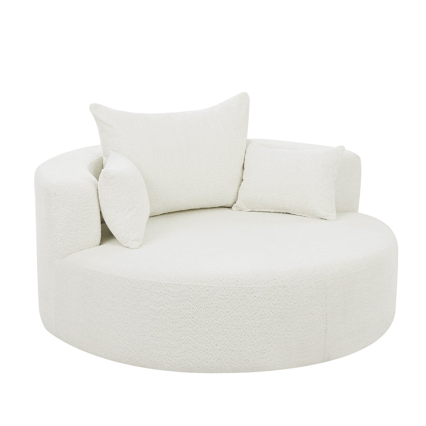 Fauteuil de salon en forme de tonneau avec accoudoirs, en chenille, avec base pivotante à 360 degrés et 3 coussins amovibles.