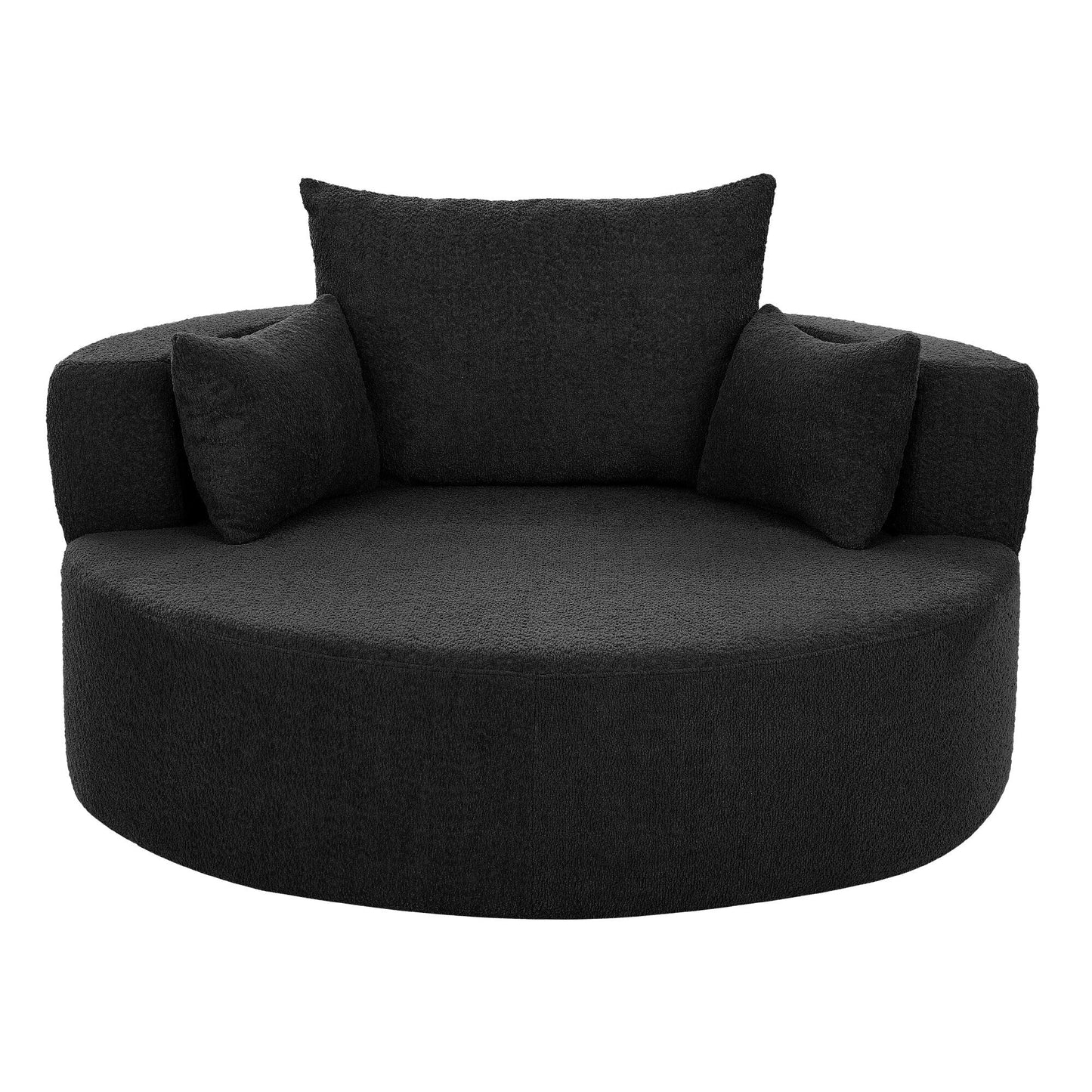 Fauteuil de salon en forme de tonneau avec accoudoirs, en chenille, avec base pivotante à 360 degrés et 3 coussins amovibles.
