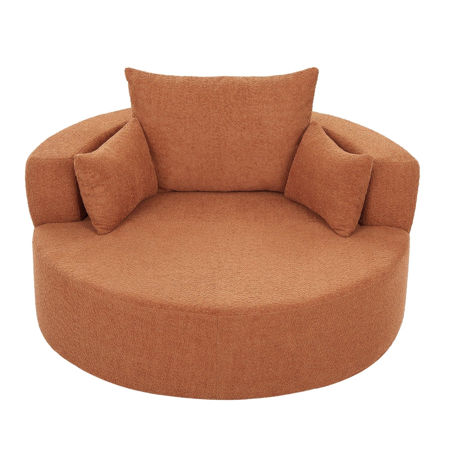 Fauteuil de salon en forme de tonneau avec accoudoirs, en chenille, avec base pivotante à 360 degrés et 3 coussins amovibles.