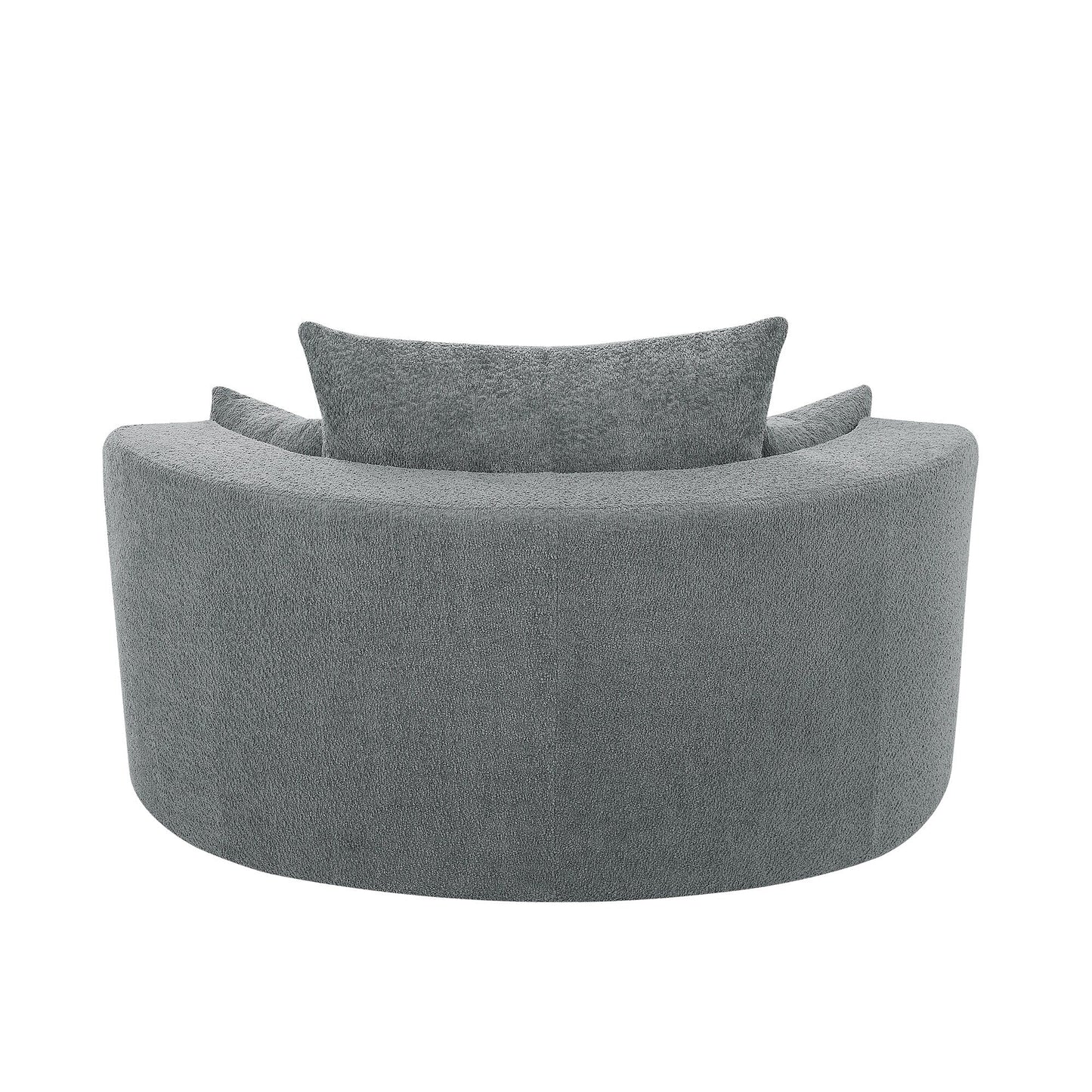 Fauteuil de salon en forme de tonneau avec accoudoirs, en chenille, avec base pivotante à 360 degrés et 3 coussins amovibles.