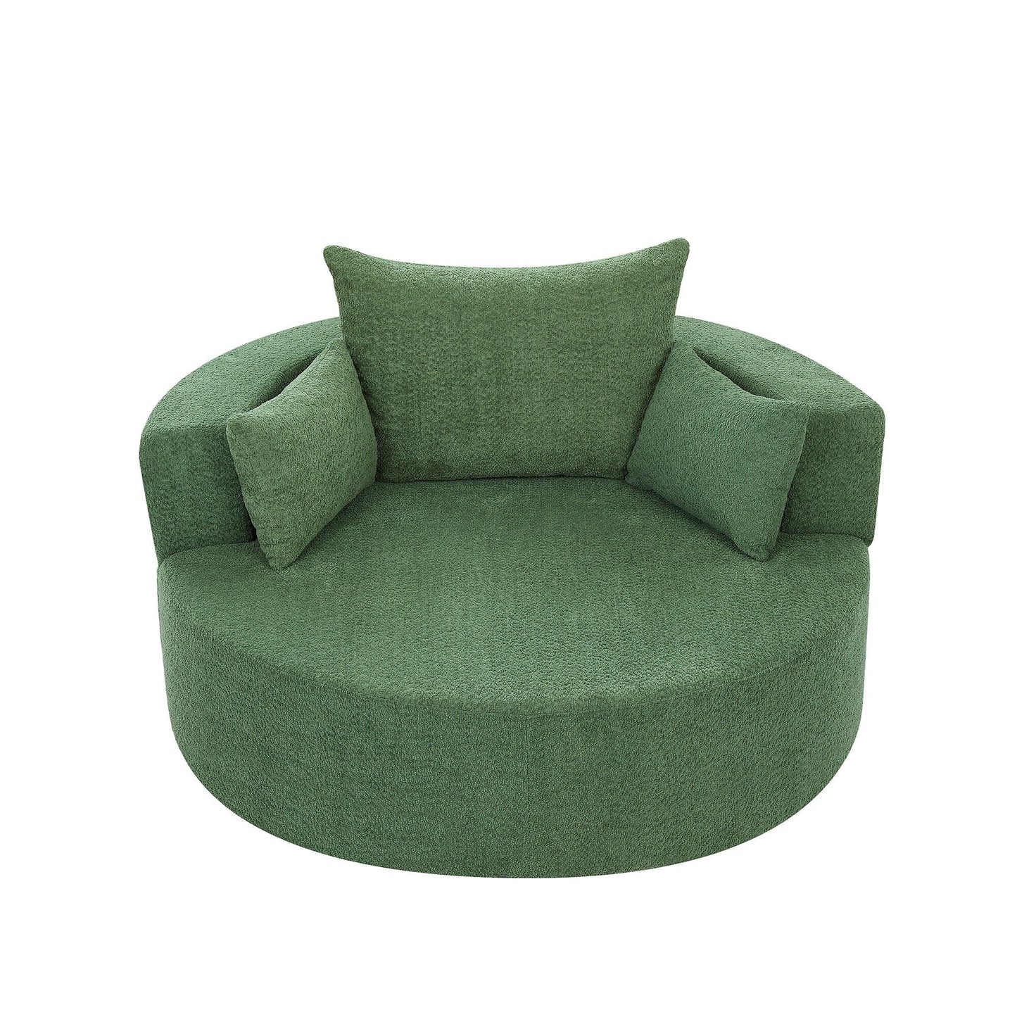 Fauteuil de salon en forme de tonneau avec accoudoirs, en chenille, avec base pivotante à 360 degrés et 3 coussins amovibles.