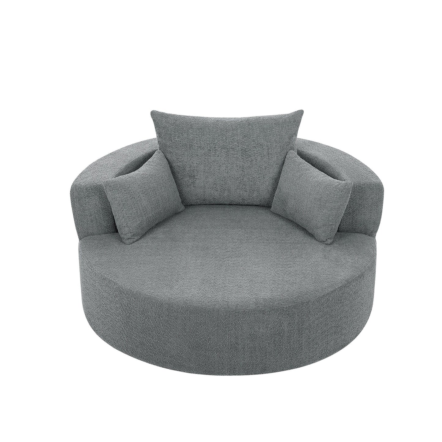 Fauteuil de salon en forme de tonneau avec accoudoirs, en chenille, avec base pivotante à 360 degrés et 3 coussins amovibles.