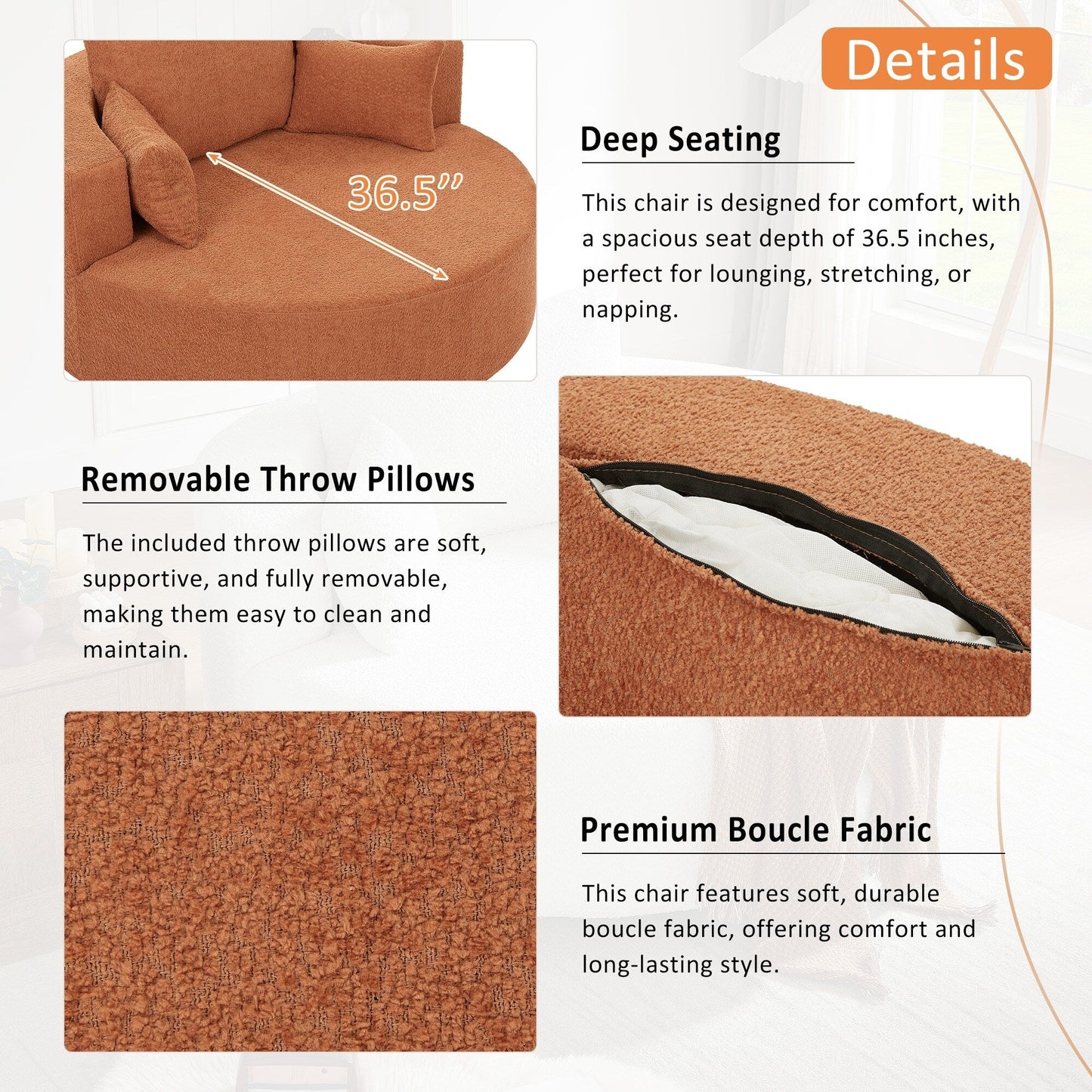 Fauteuil de salon en forme de tonneau avec accoudoirs, en chenille, avec base pivotante à 360 degrés et 3 coussins amovibles.