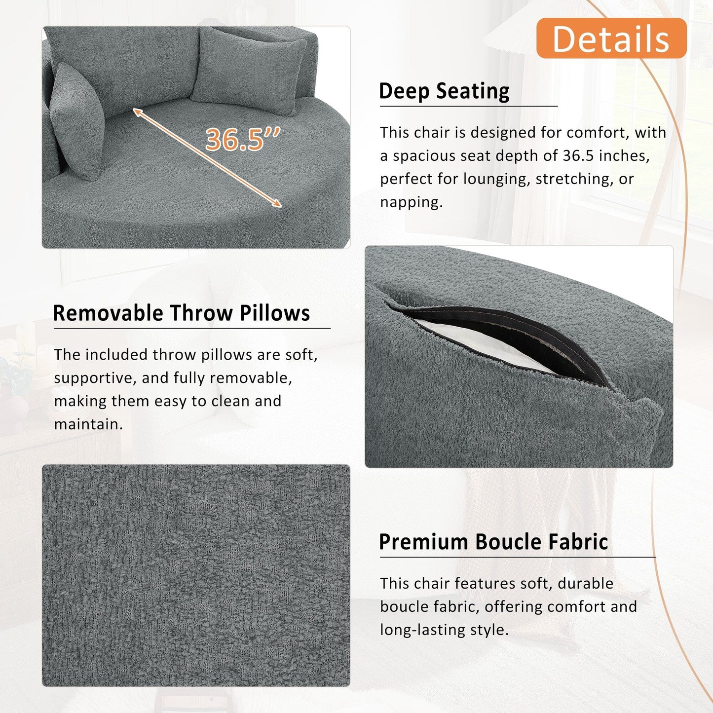 Fauteuil de salon en forme de tonneau avec accoudoirs, en chenille, avec base pivotante à 360 degrés et 3 coussins amovibles.