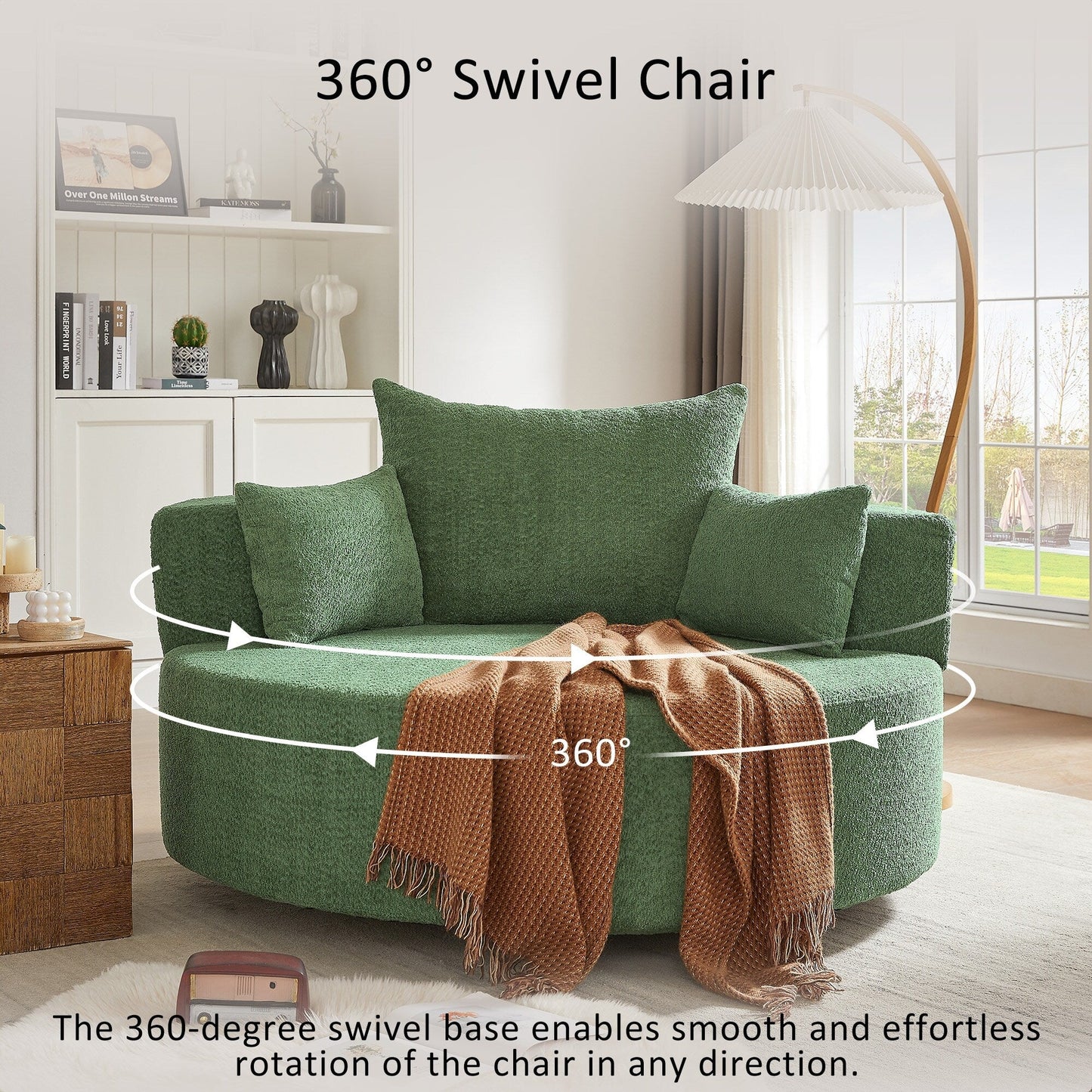 Fauteuil de salon en forme de tonneau avec accoudoirs, en chenille, avec base pivotante à 360 degrés et 3 coussins amovibles.