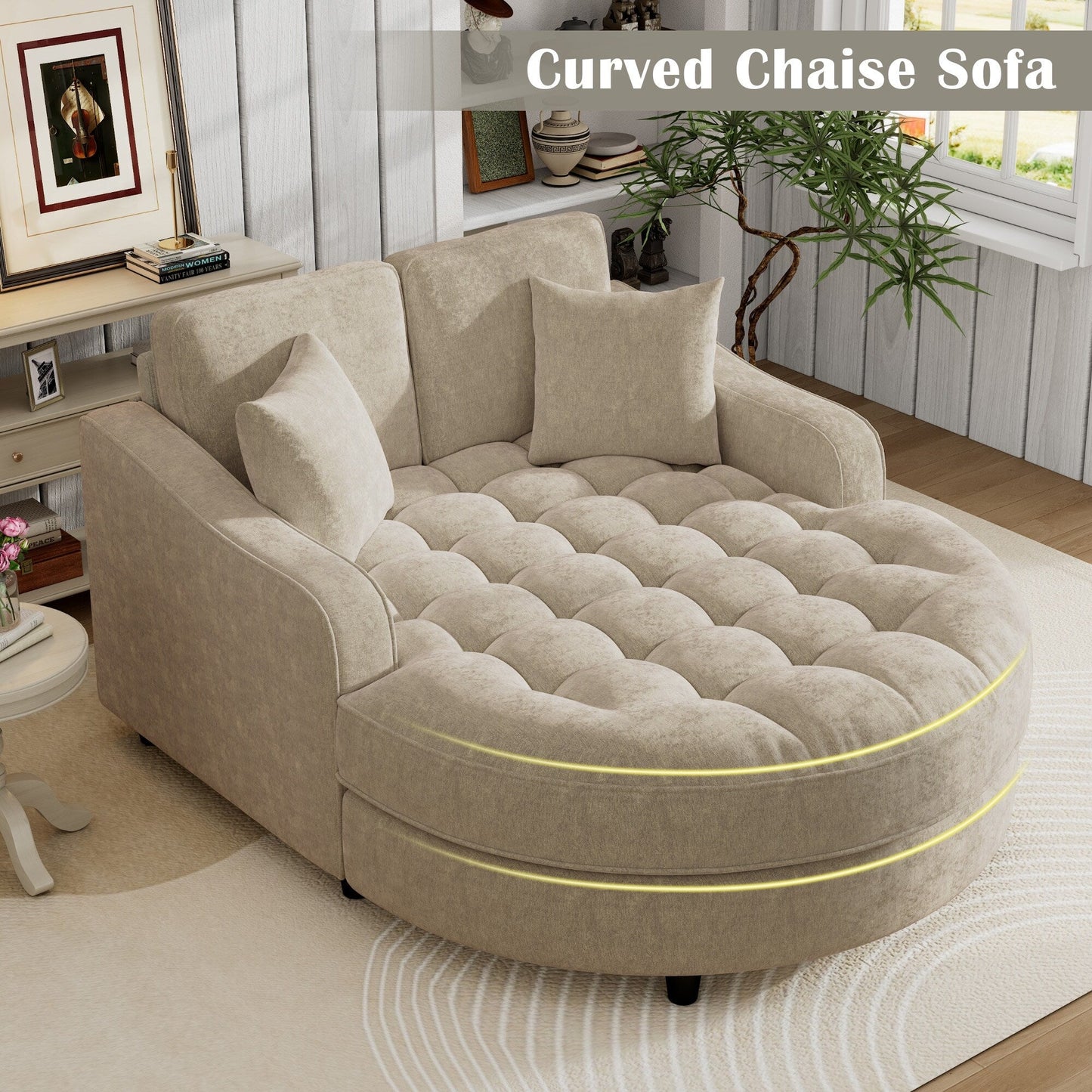 Canapé-lit chaise longue en chenille, canapé-lit recouvert de tissu avec dossier capitonné et 2 coussins amovibles pour le salon.