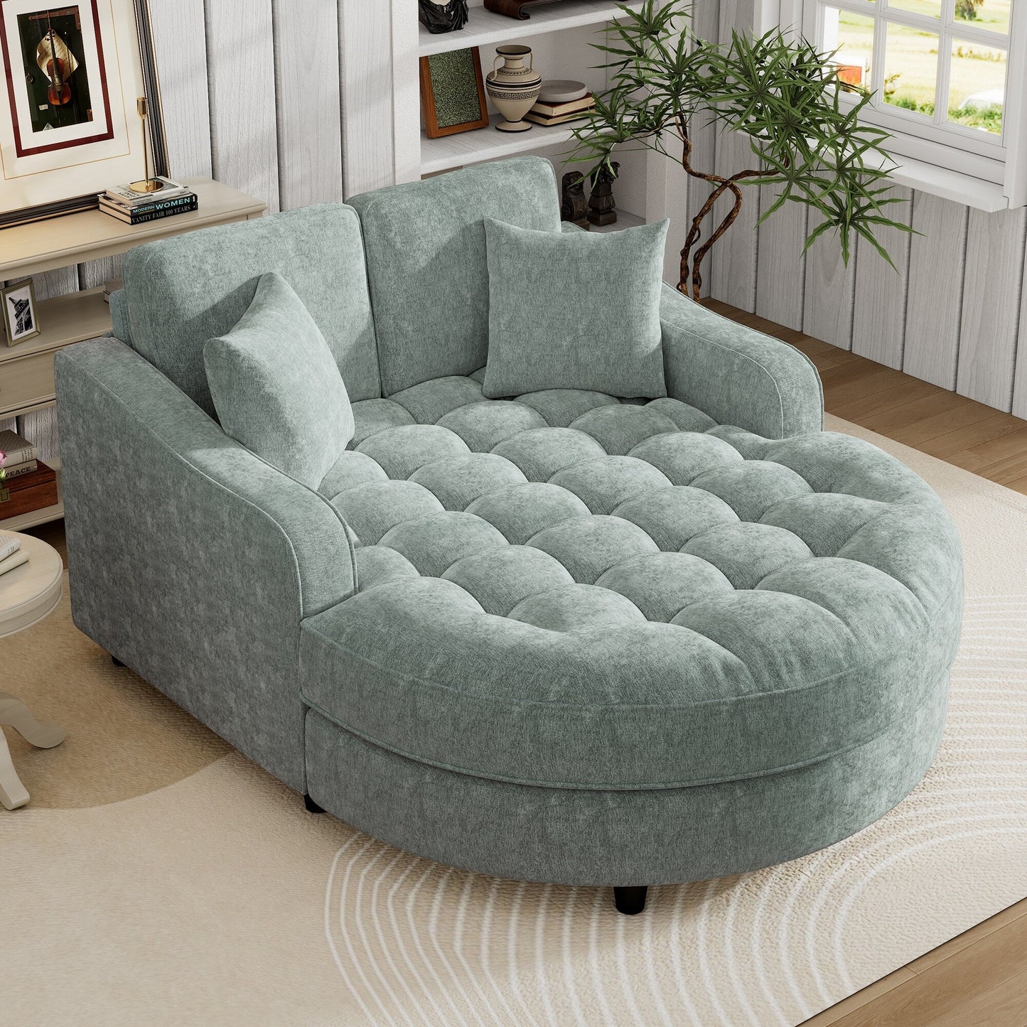 Canapé-lit chaise longue en chenille, canapé-lit recouvert de tissu avec dossier capitonné et 2 coussins amovibles pour le salon.