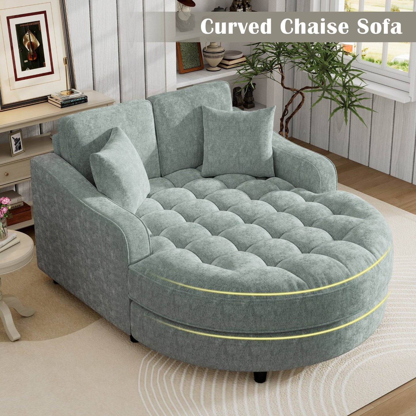 Canapé-lit chaise longue en chenille, canapé-lit recouvert de tissu avec dossier capitonné et 2 coussins amovibles pour le salon.