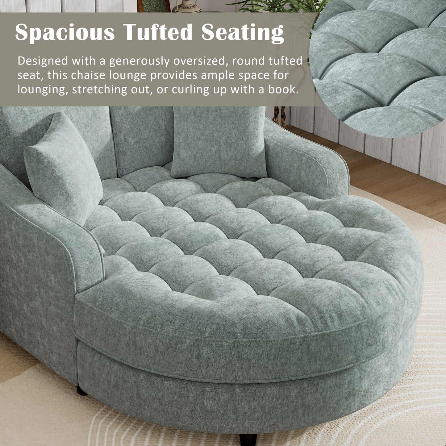 Canapé-lit chaise longue en chenille, canapé-lit recouvert de tissu avec dossier capitonné et 2 coussins amovibles pour le salon.