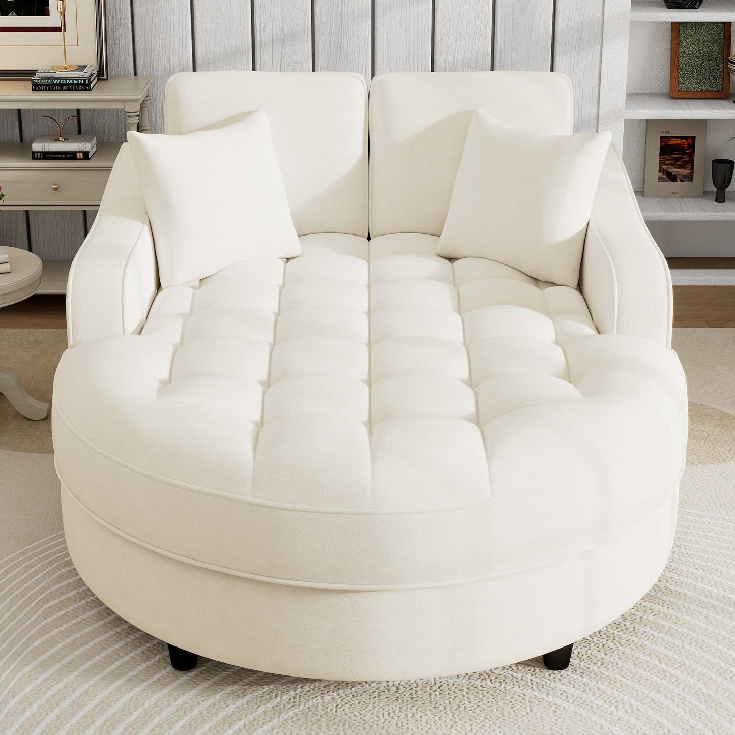 Canapé-lit chaise longue en chenille, canapé-lit recouvert de tissu avec dossier capitonné et 2 coussins amovibles pour le salon.