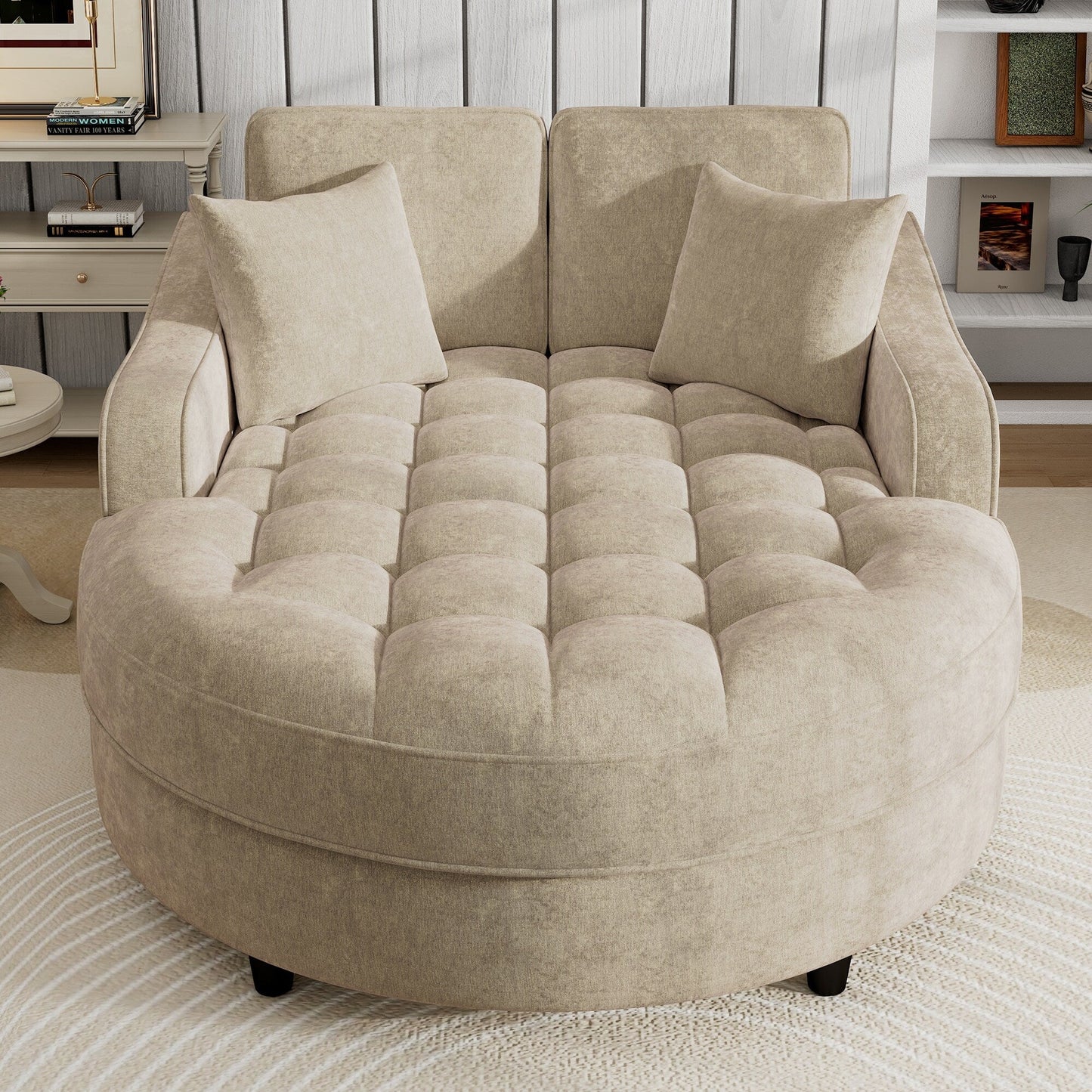 Canapé-lit chaise longue en chenille, canapé-lit recouvert de tissu avec dossier capitonné et 2 coussins amovibles pour le salon.