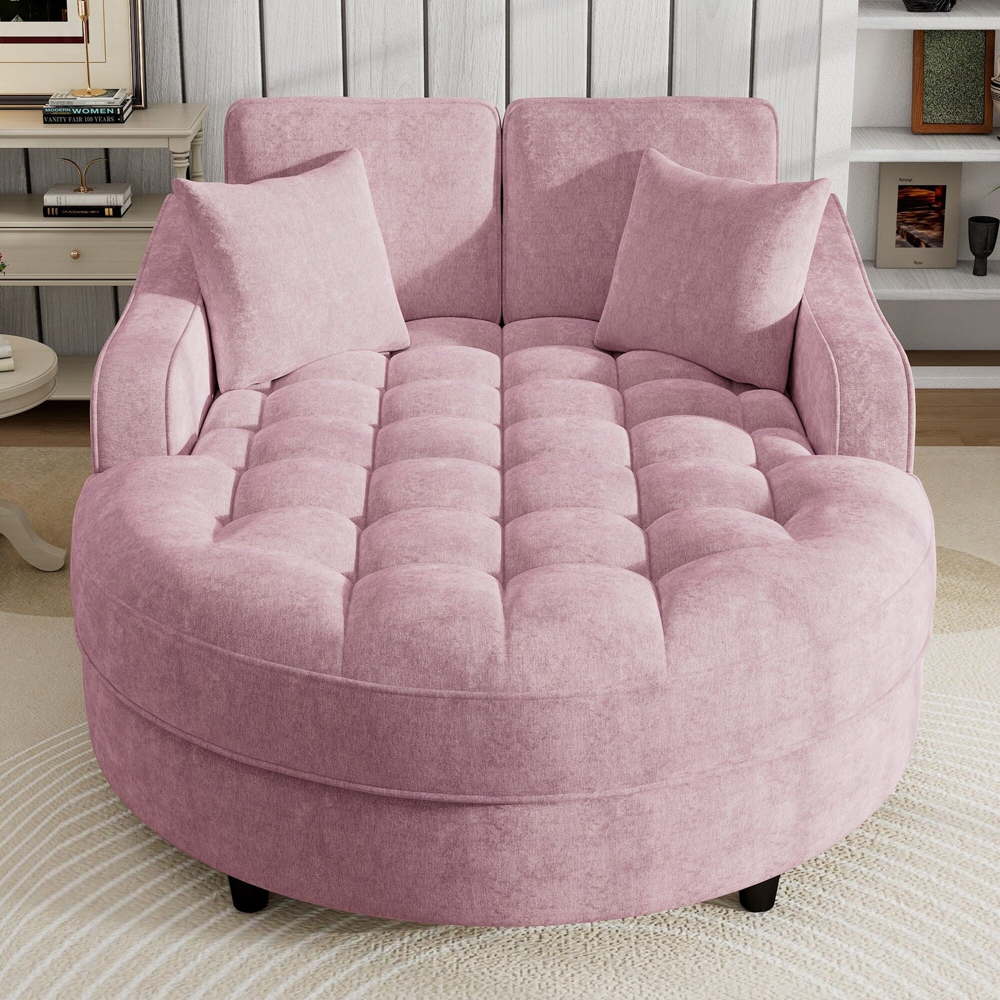 Canapé-lit chaise longue en chenille, canapé-lit recouvert de tissu avec dossier capitonné et 2 coussins amovibles pour le salon.