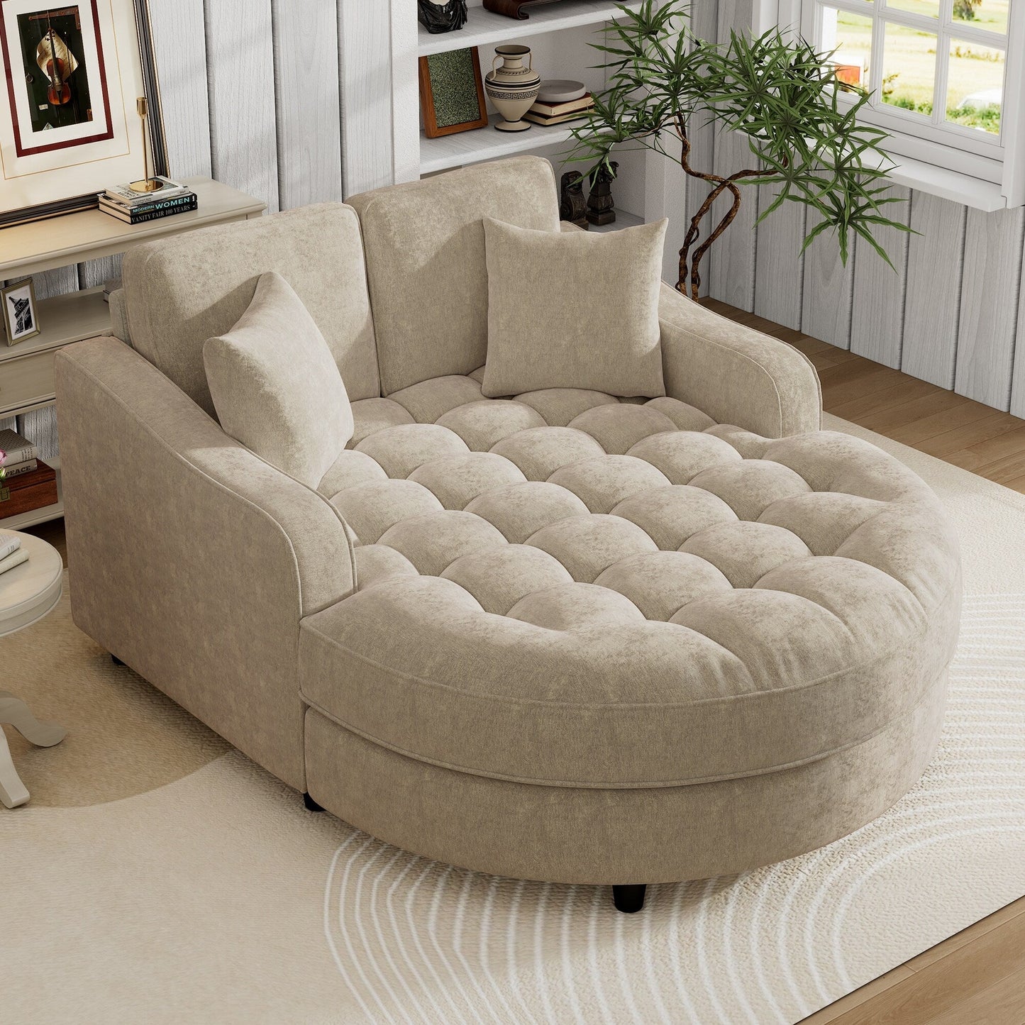 Canapé-lit chaise longue en chenille, canapé-lit recouvert de tissu avec dossier capitonné et 2 coussins amovibles pour le salon.