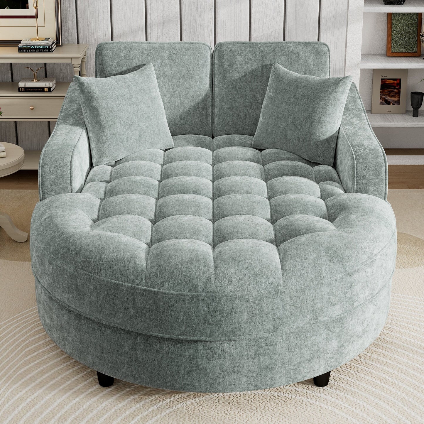 Canapé-lit chaise longue en chenille, canapé-lit recouvert de tissu avec dossier capitonné et 2 coussins amovibles pour le salon.