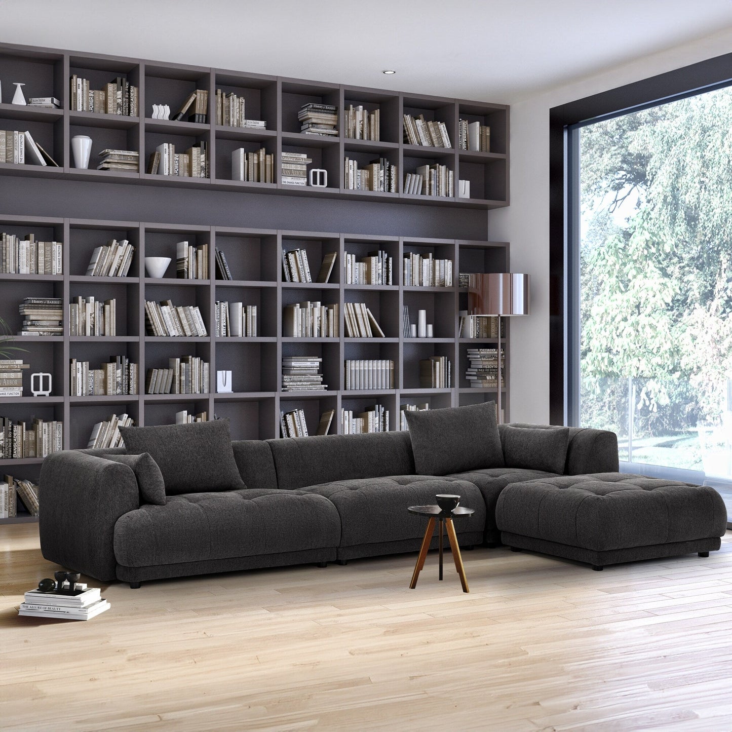 Canapé d'angle modulable Cloud 144 avec pouf - Canapé de salon en tissu chenille moelleux