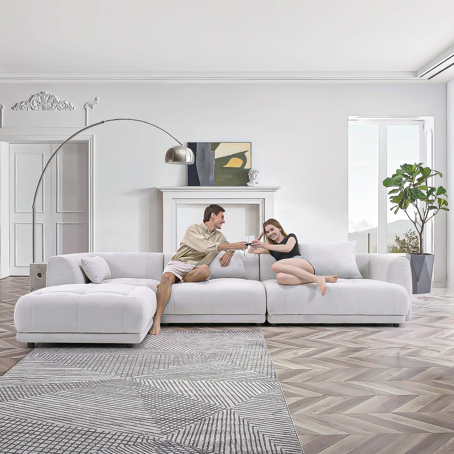 Canapé d'angle modulable Cloud 144 avec pouf - Canapé de salon en tissu chenille moelleux