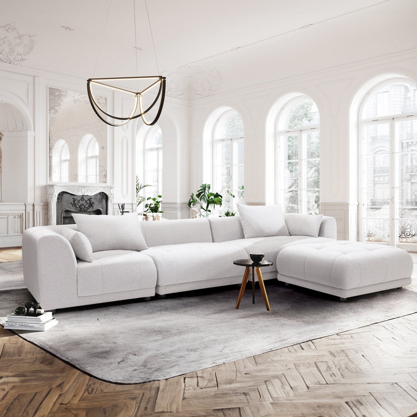 Canapé d'angle modulable Cloud 144 avec pouf - Canapé de salon en tissu chenille moelleux