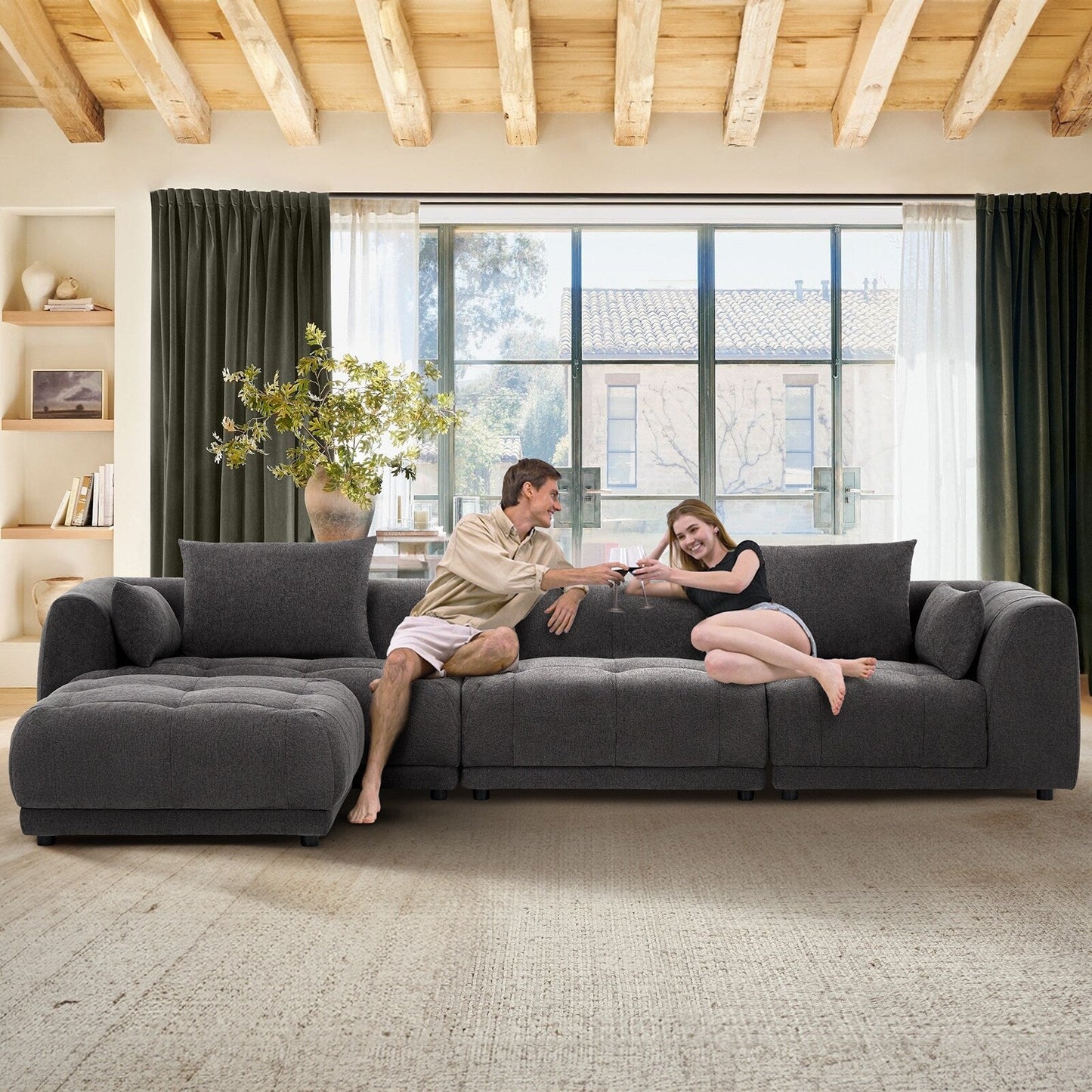 Canapé d'angle modulable Cloud 144 avec pouf - Canapé de salon en tissu chenille moelleux