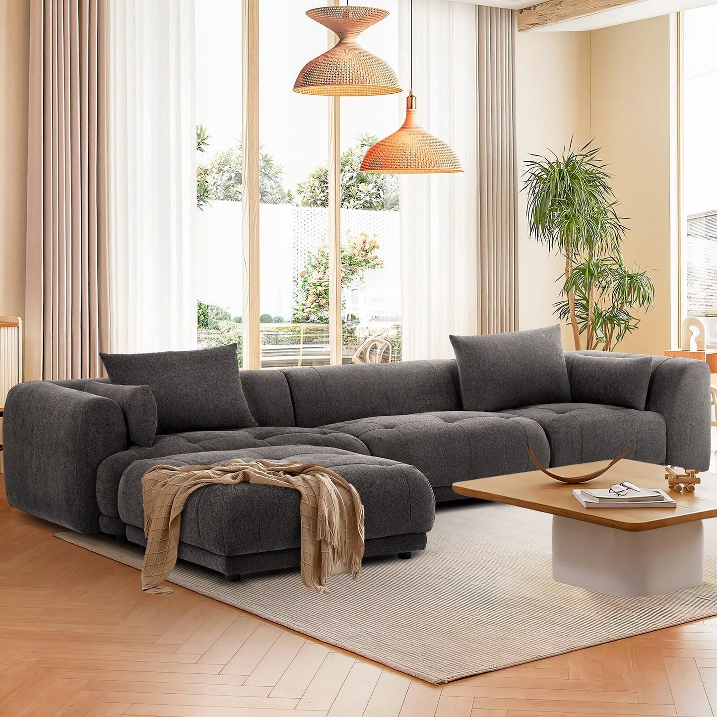 Canapé d'angle modulable Cloud 144 avec pouf - Canapé de salon en tissu chenille moelleux