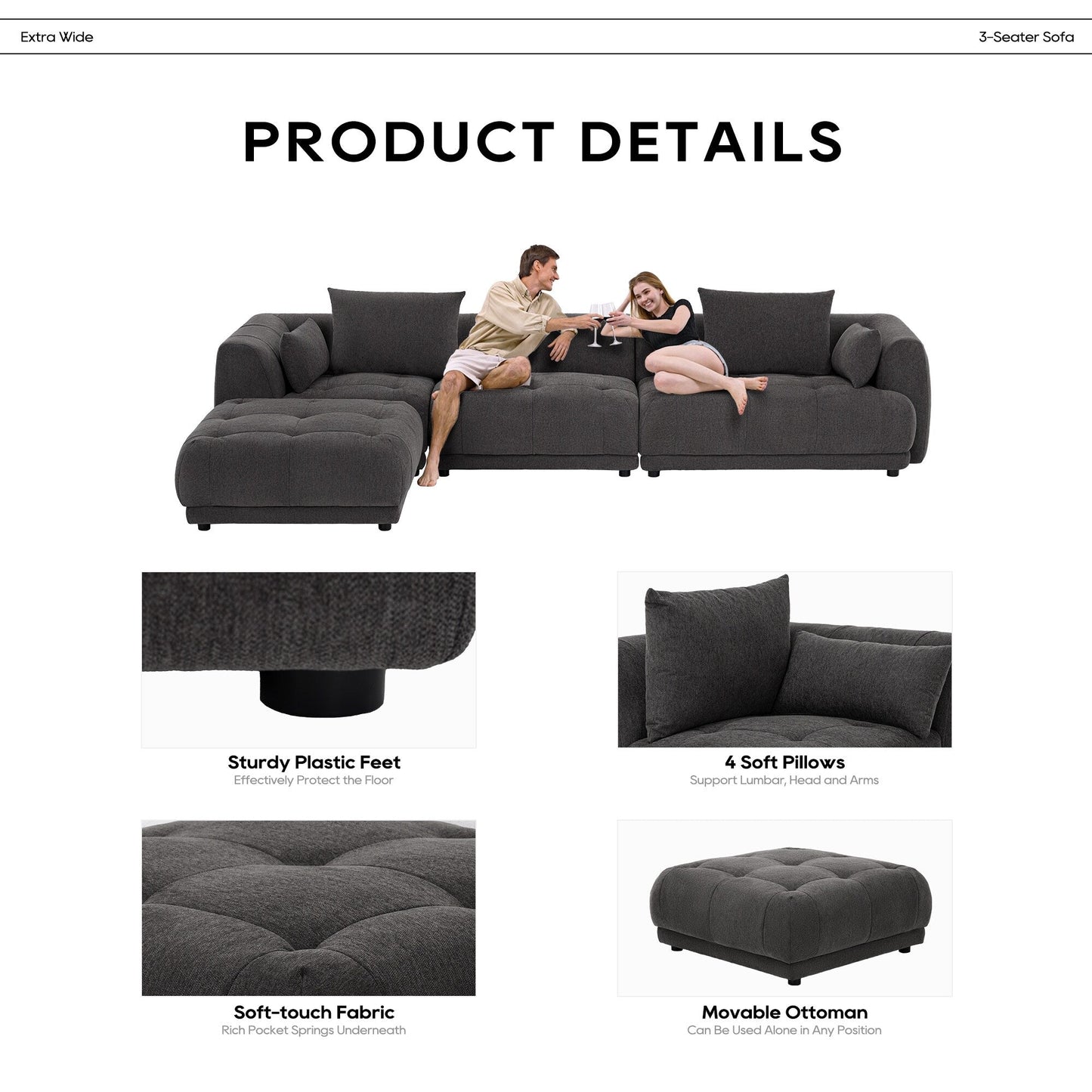 Canapé d'angle modulable Cloud 144 avec pouf - Canapé de salon en tissu chenille moelleux