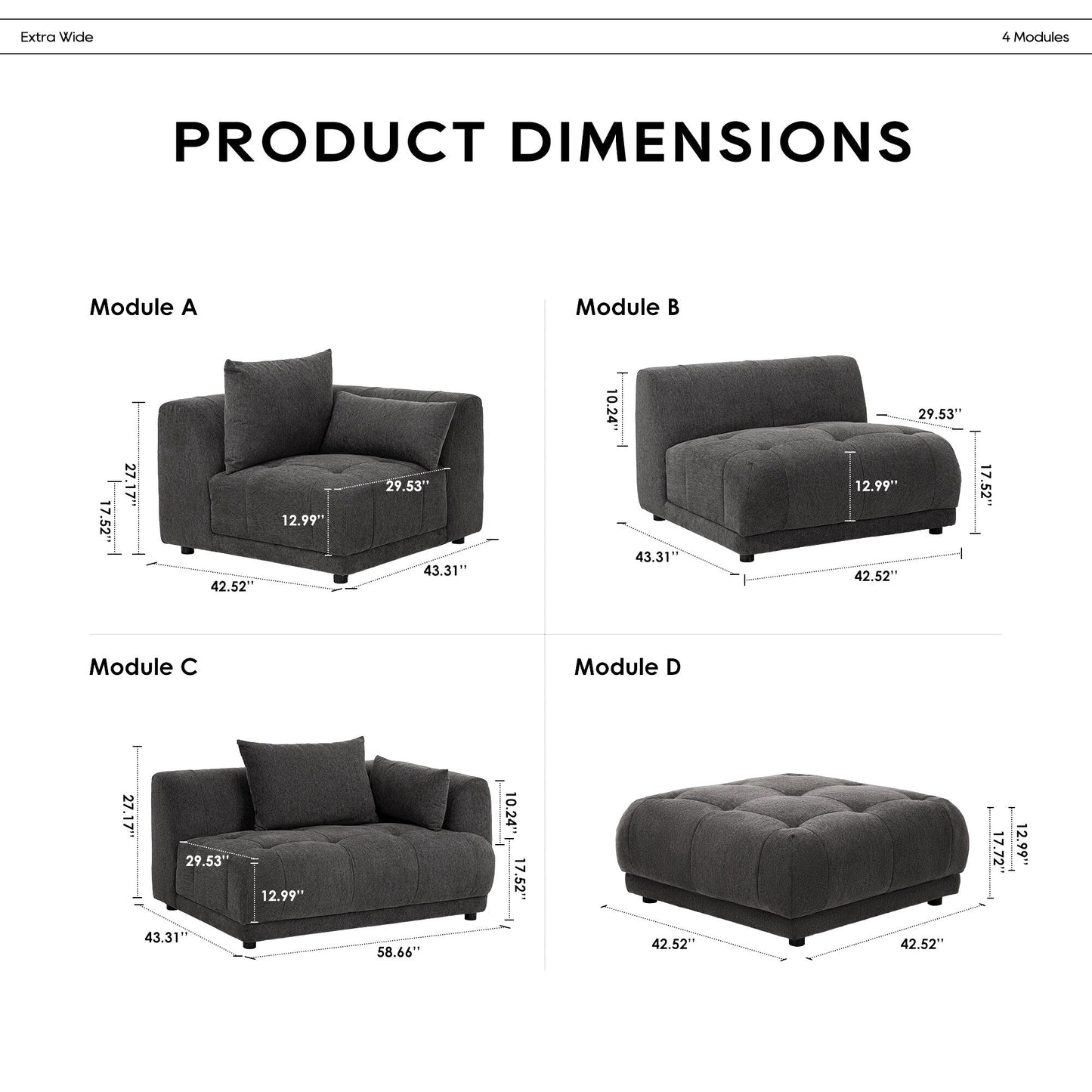 Canapé d'angle modulable Cloud 144 avec pouf - Canapé de salon en tissu chenille moelleux