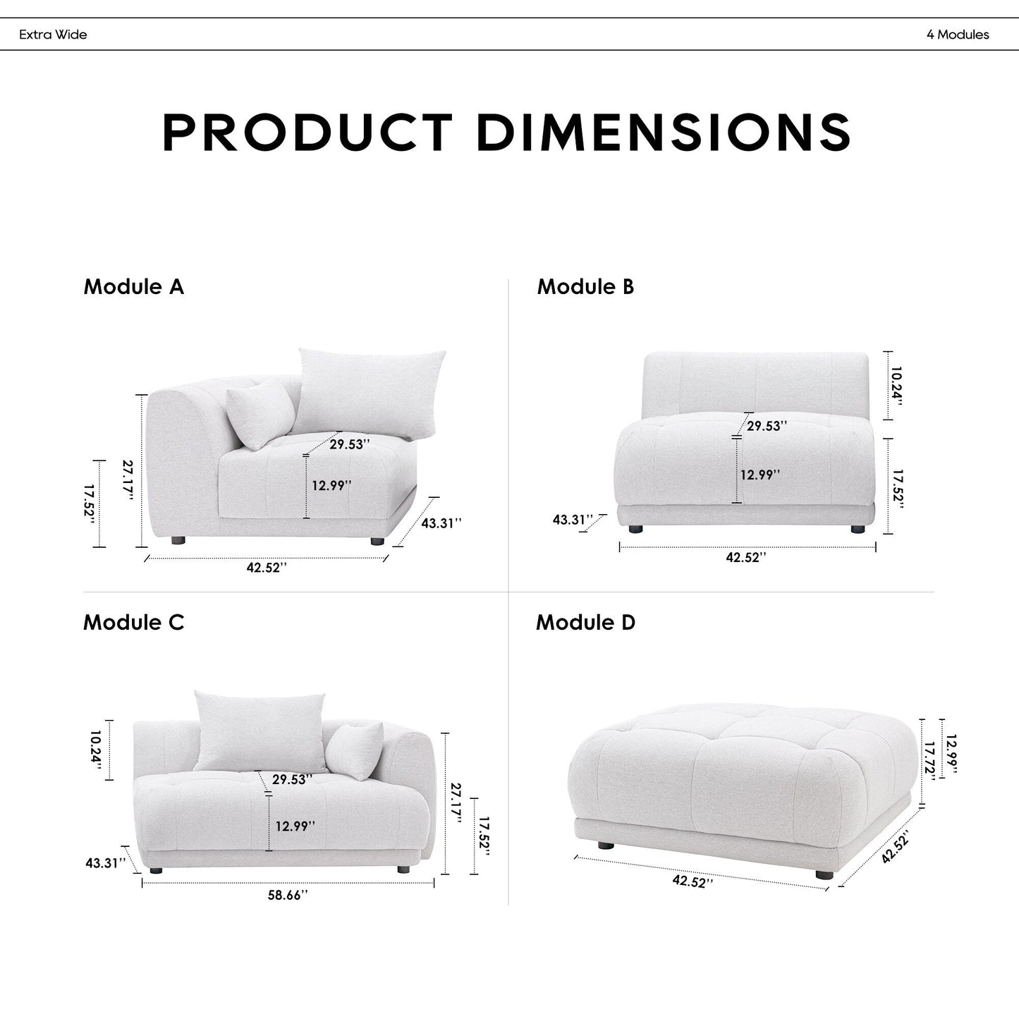 Canapé d'angle modulable Cloud 144 avec pouf - Canapé de salon en tissu chenille moelleux