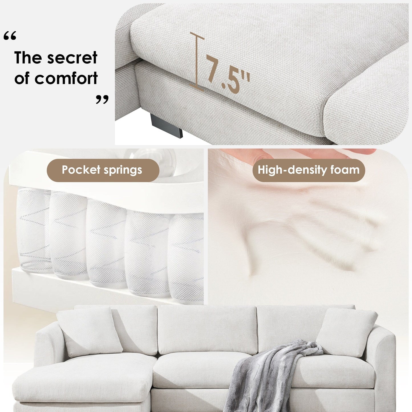 Canapé d'angle Cloud, ensemble de canapé de luxe en forme de L avec 2 coussins gratuits, mobilier d'intérieur en chenille 4 places avec chaise longue surdimensionnée