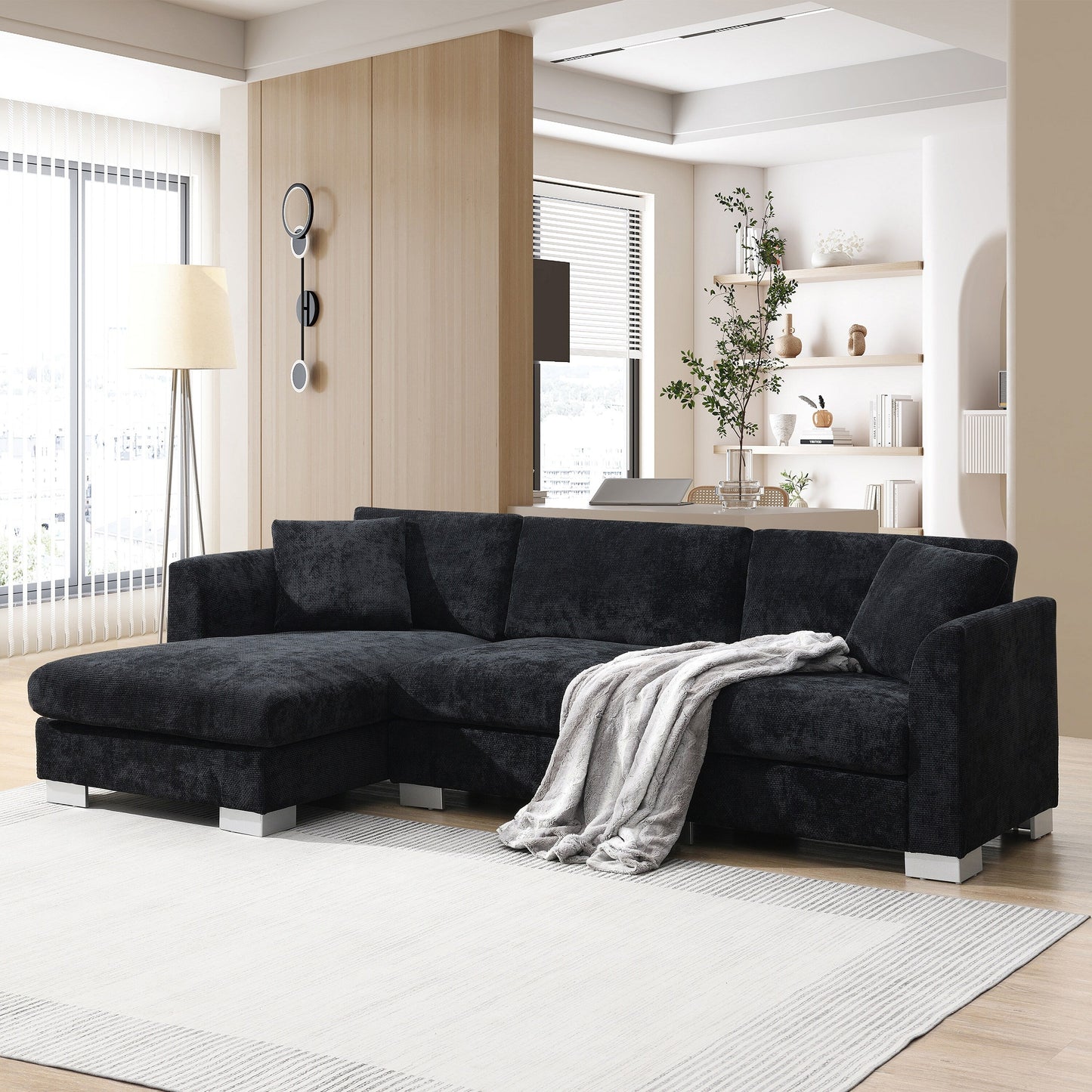Canapé d'angle Cloud, ensemble de canapé de luxe en forme de L avec 2 coussins gratuits, mobilier d'intérieur en chenille 4 places avec chaise longue surdimensionnée