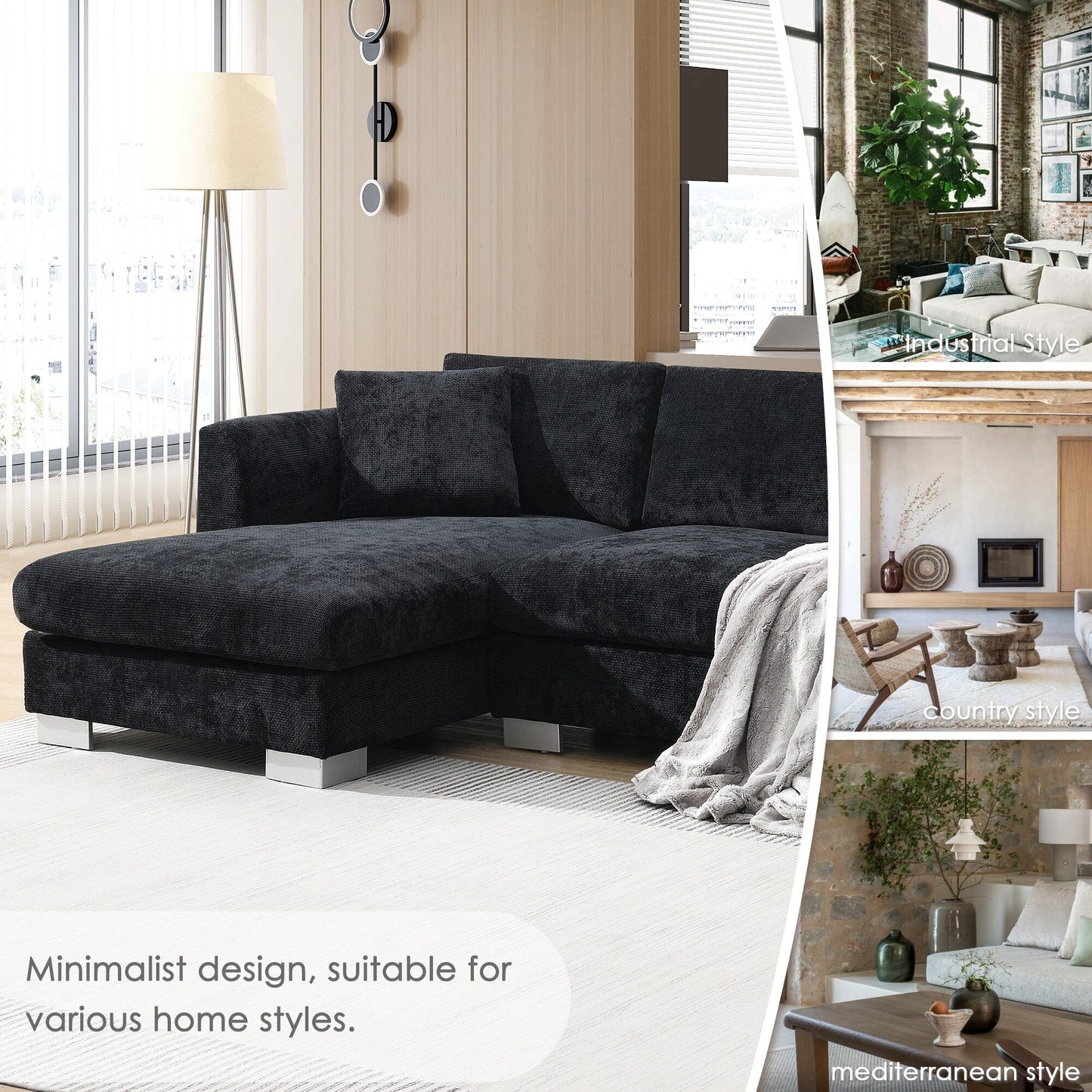 Canapé d'angle Cloud, ensemble de canapé de luxe en forme de L avec 2 coussins gratuits, mobilier d'intérieur en chenille 4 places avec chaise longue surdimensionnée