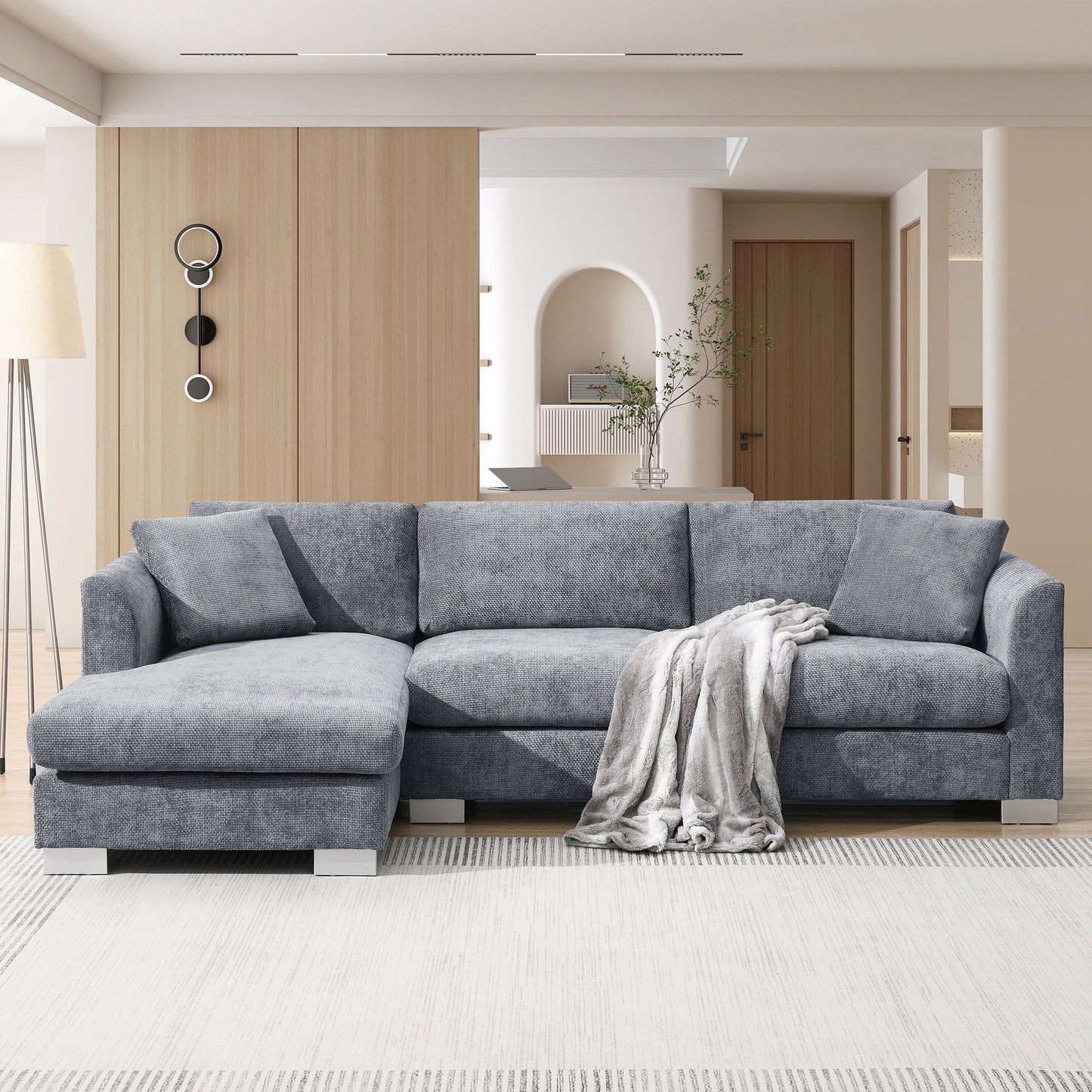 Canapé d'angle Cloud, ensemble de canapé de luxe en forme de L avec 2 coussins gratuits, mobilier d'intérieur en chenille 4 places avec chaise longue surdimensionnée