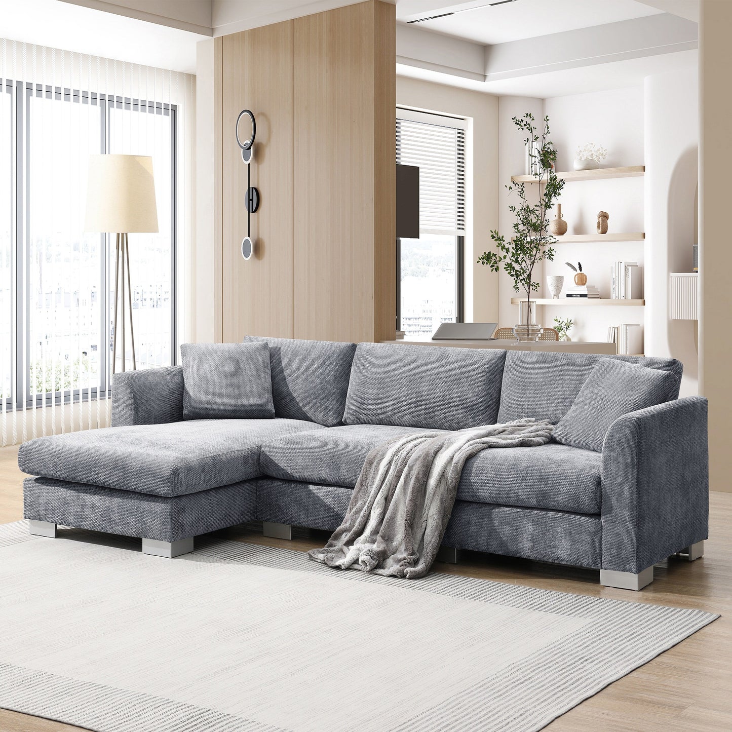 Canapé d'angle Cloud, ensemble de canapé de luxe en forme de L avec 2 coussins gratuits, mobilier d'intérieur en chenille 4 places avec chaise longue surdimensionnée