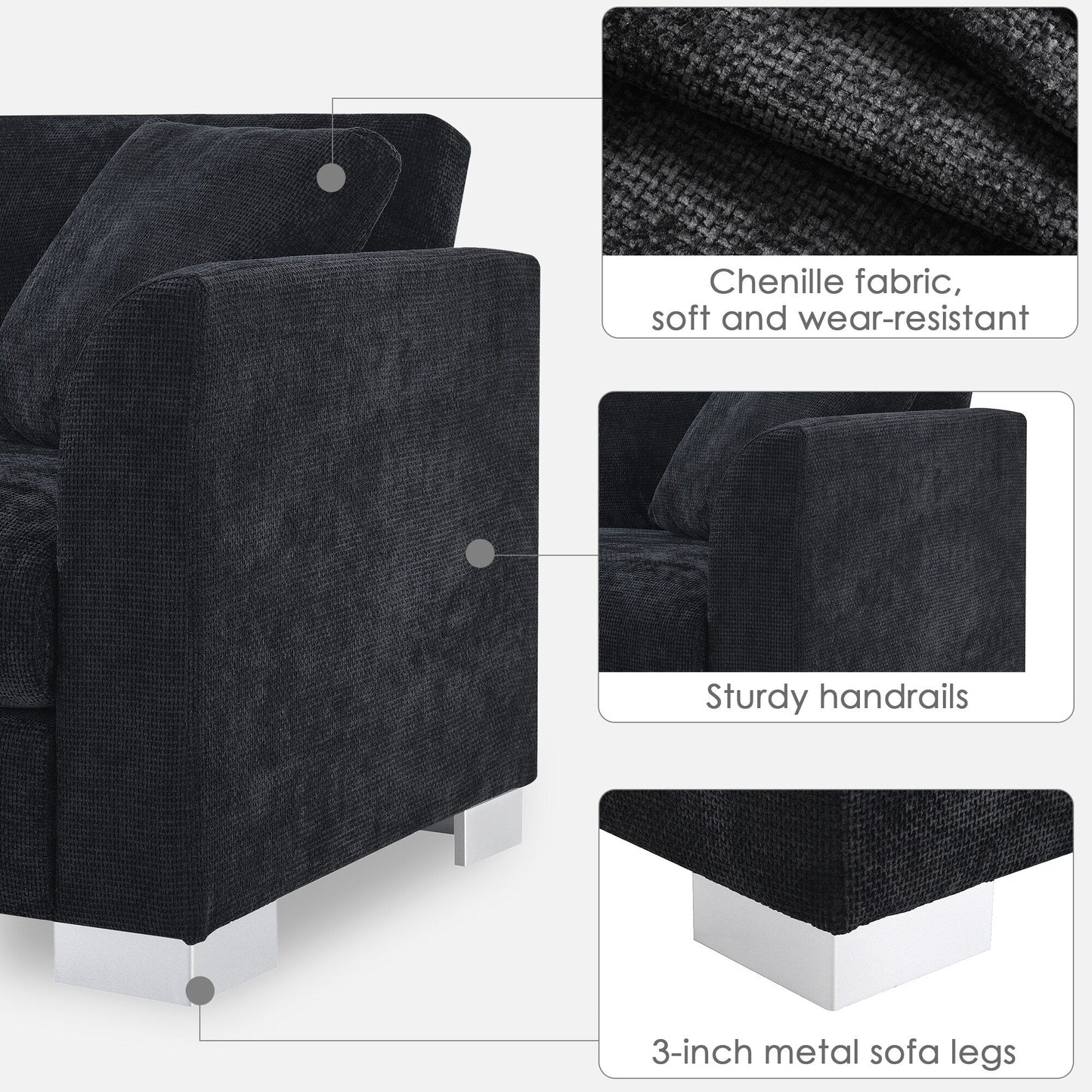 Canapé d'angle Cloud, ensemble de canapé de luxe en forme de L avec 2 coussins gratuits, mobilier d'intérieur en chenille 4 places avec chaise longue surdimensionnée