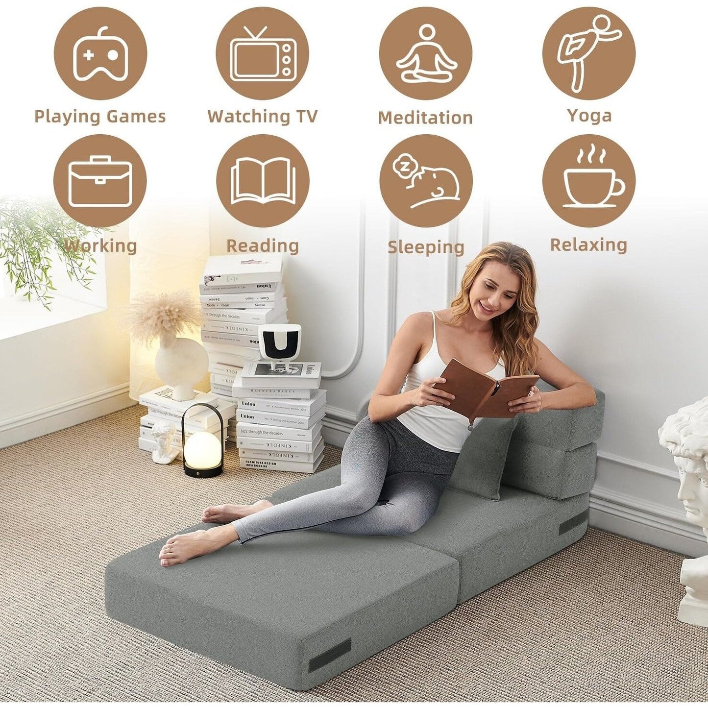 Canapé-lit convertible et pliable - Fauteuil-lit moderne en lin avec coussin et matelas pliable pour salon/chambre d'étudiant/chambre d'amis