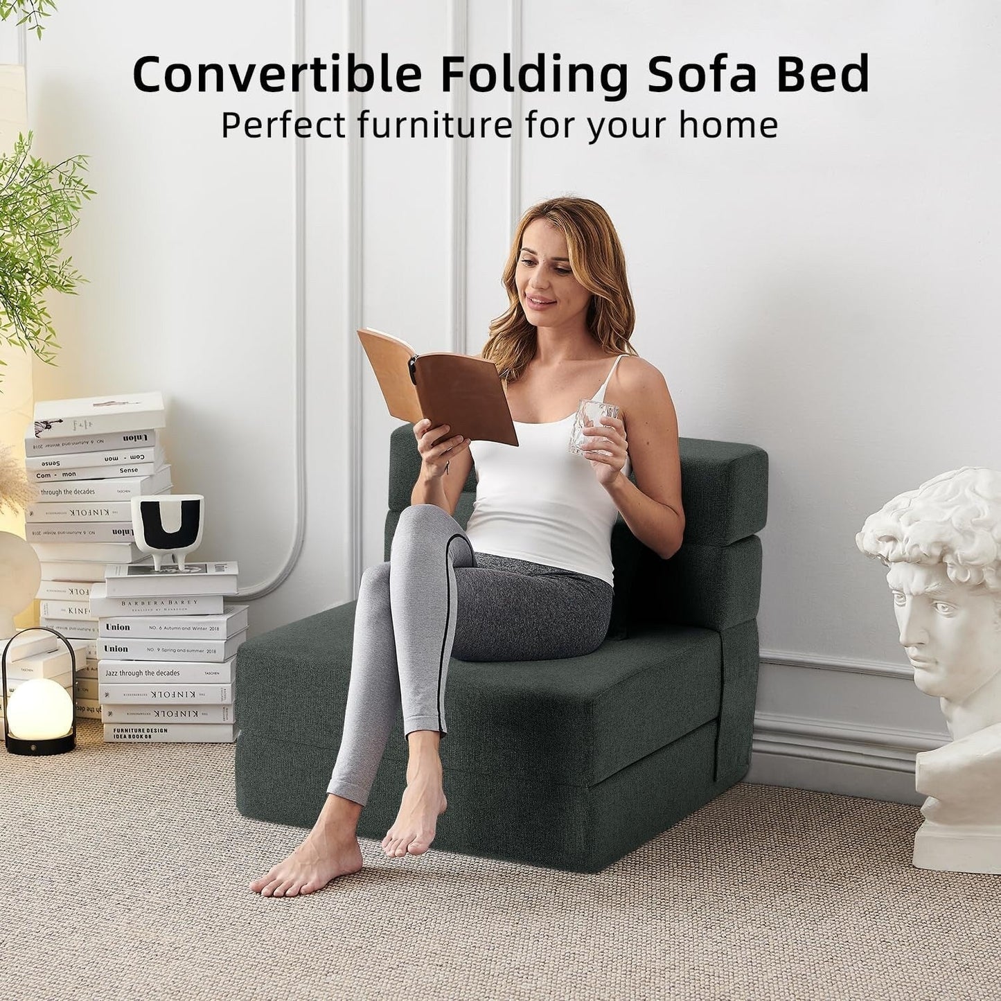 Canapé-lit convertible et pliable - Fauteuil-lit moderne en lin avec coussin et matelas pliable pour salon/chambre d'étudiant/chambre d'amis