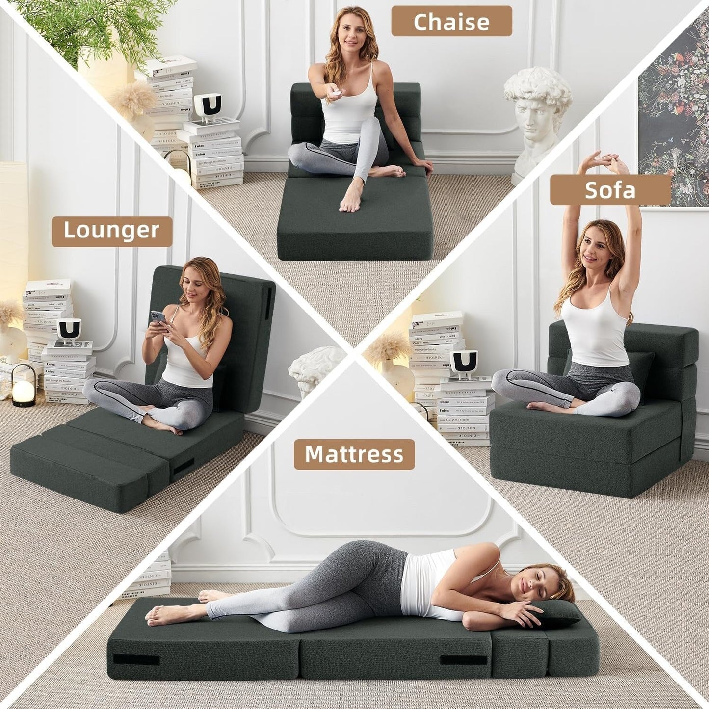 Canapé-lit convertible et pliable - Fauteuil-lit moderne en lin avec coussin et matelas pliable pour salon/chambre d'étudiant/chambre d'amis