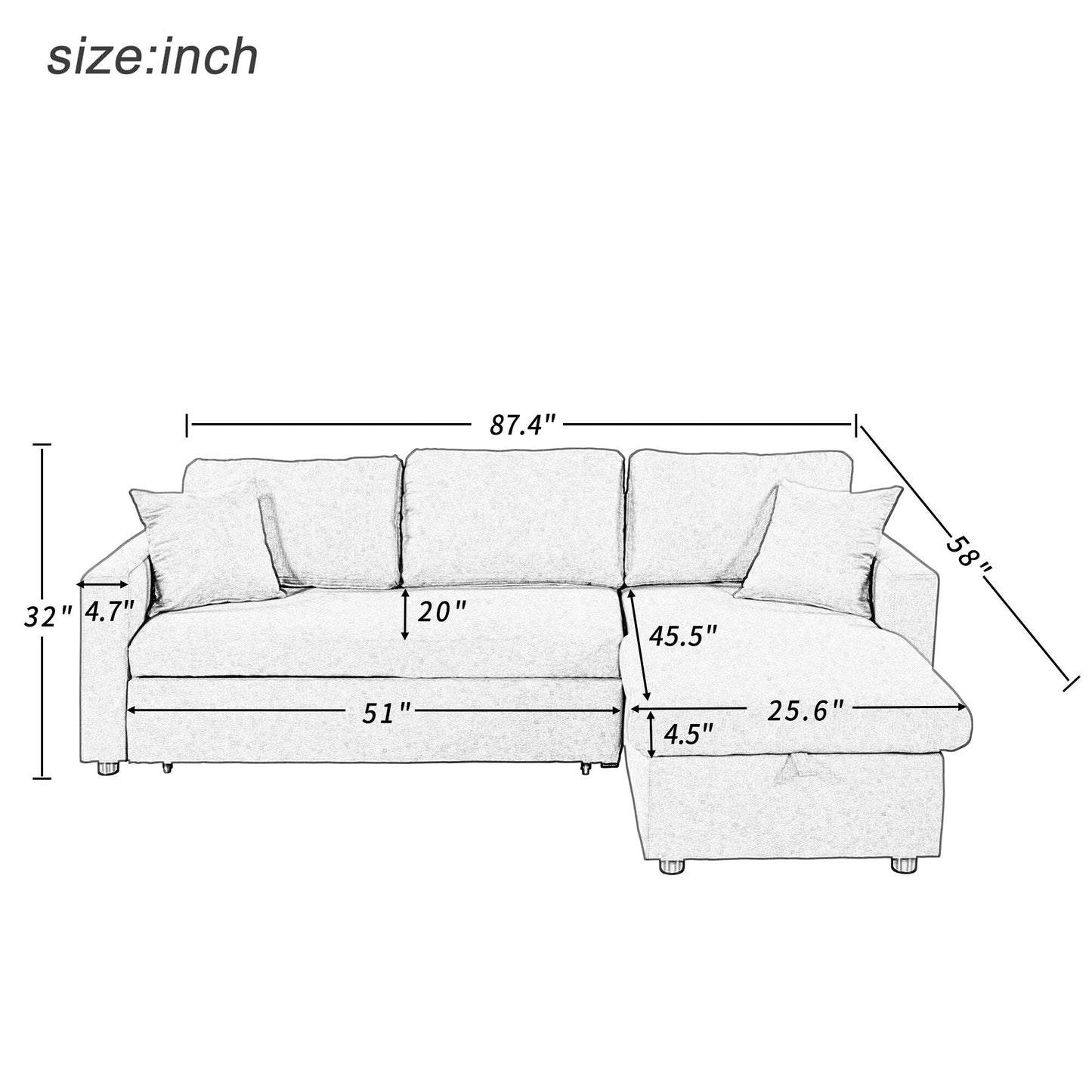 Canapé d'angle convertible en forme de L avec lit escamotable et espace de rangement, 2 coussins décoratifs