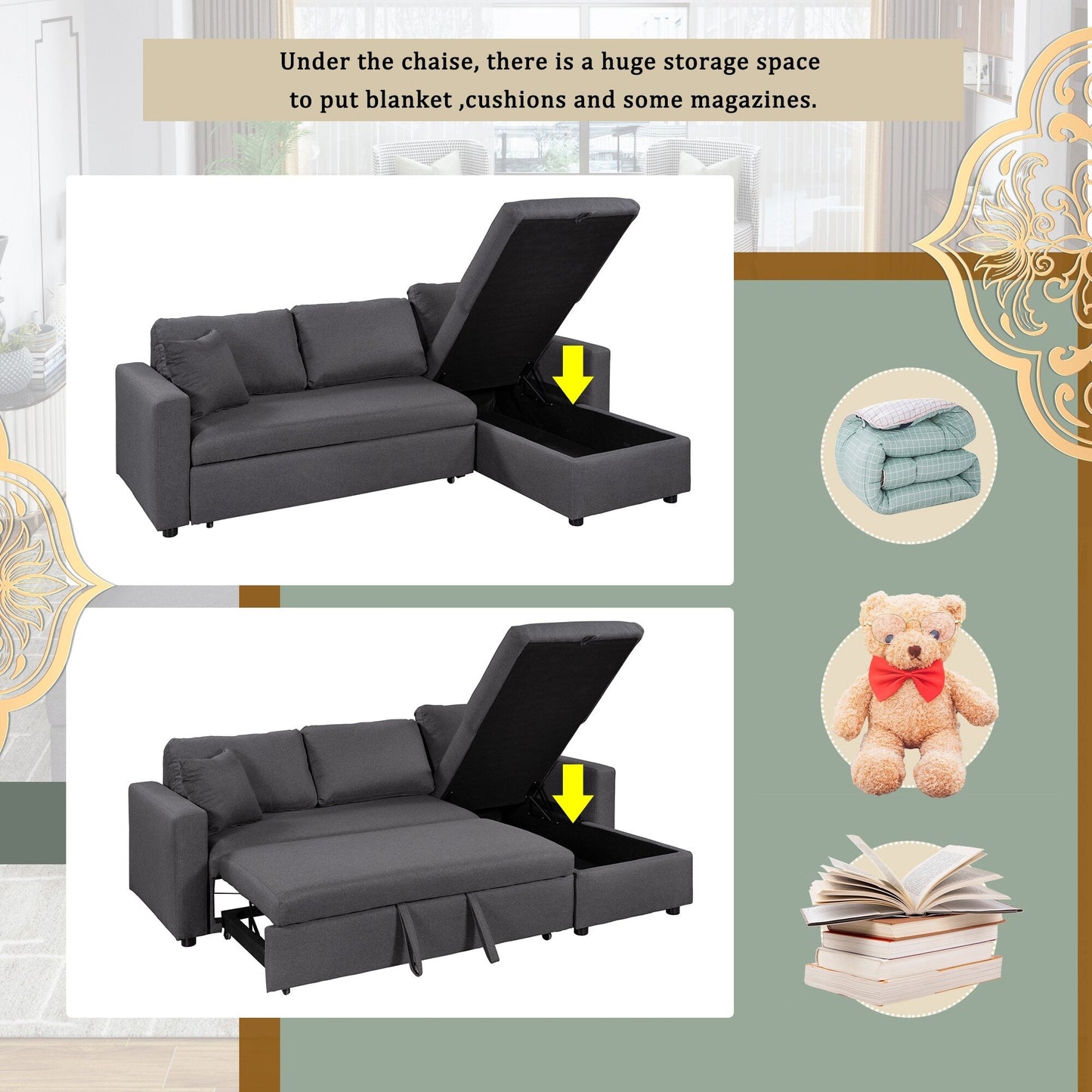 Canapé d'angle convertible en forme de L avec lit escamotable et espace de rangement, 2 coussins décoratifs