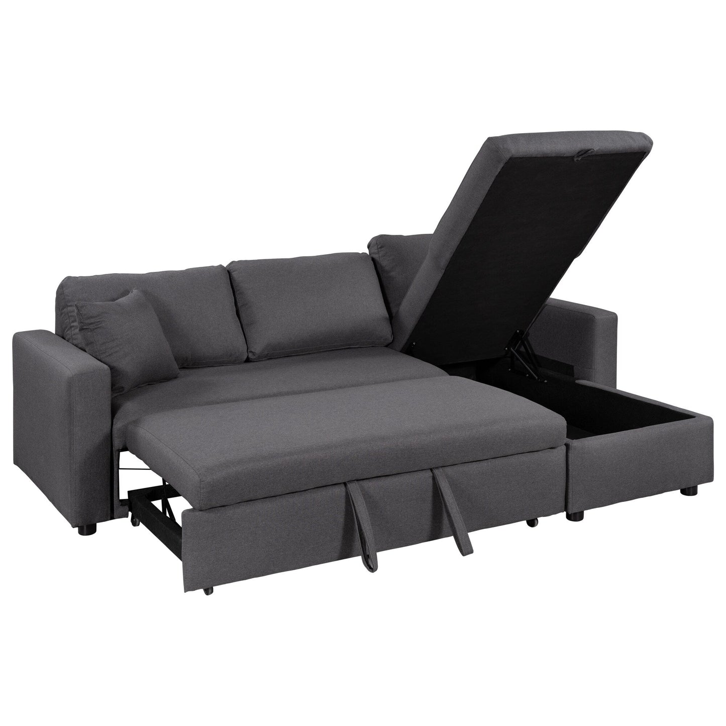 Canapé d'angle convertible en forme de L avec lit escamotable et espace de rangement, 2 coussins décoratifs