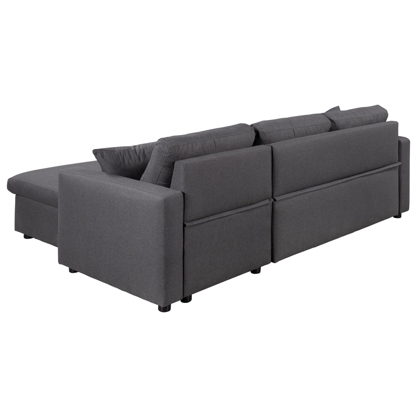 Canapé d'angle convertible en forme de L avec lit escamotable et espace de rangement, 2 coussins décoratifs