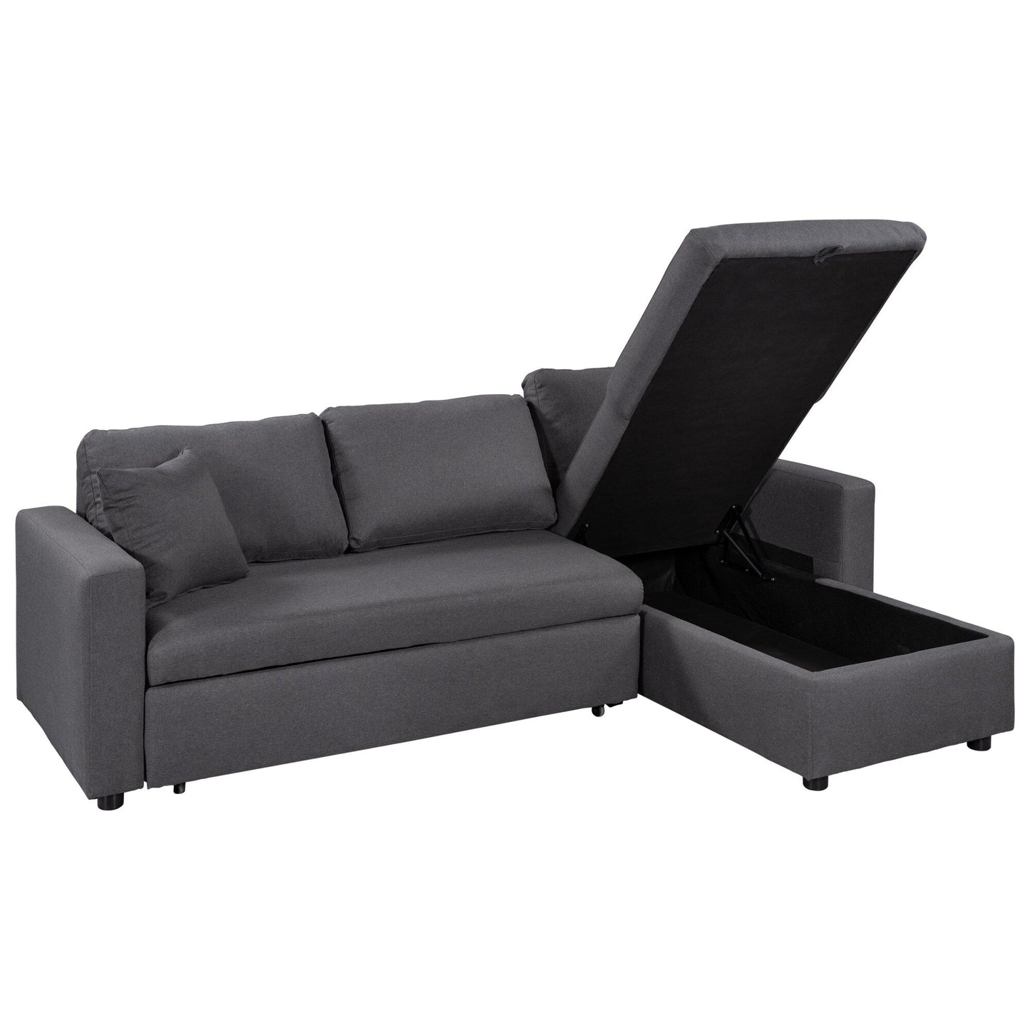 Canapé d'angle convertible en forme de L avec lit escamotable et espace de rangement, 2 coussins décoratifs