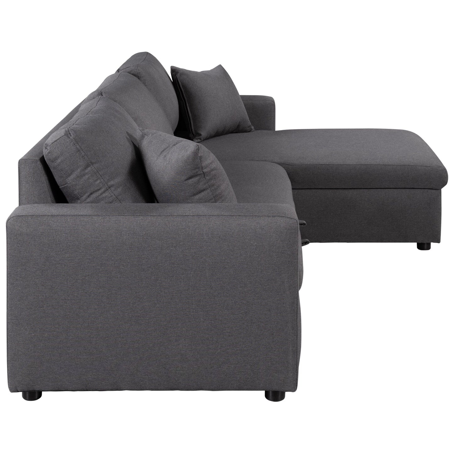 Canapé d'angle convertible en forme de L avec lit escamotable et espace de rangement, 2 coussins décoratifs