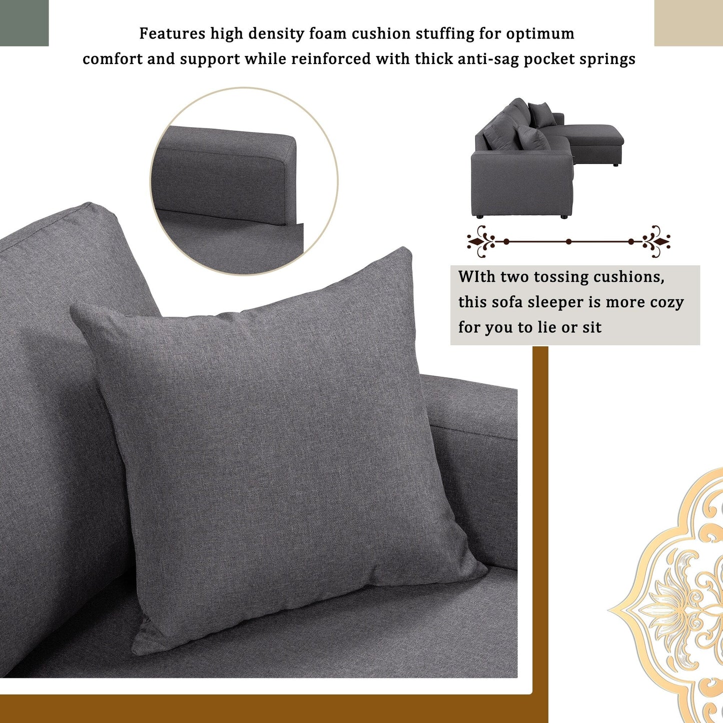 Canapé d'angle convertible en forme de L avec lit escamotable et espace de rangement, 2 coussins décoratifs