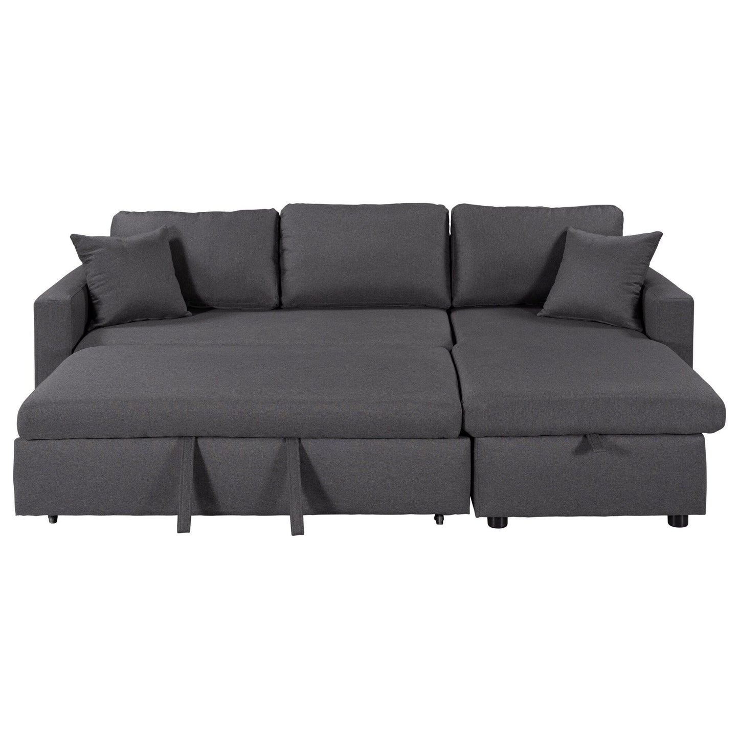 Canapé d'angle convertible en forme de L avec lit escamotable et espace de rangement, 2 coussins décoratifs