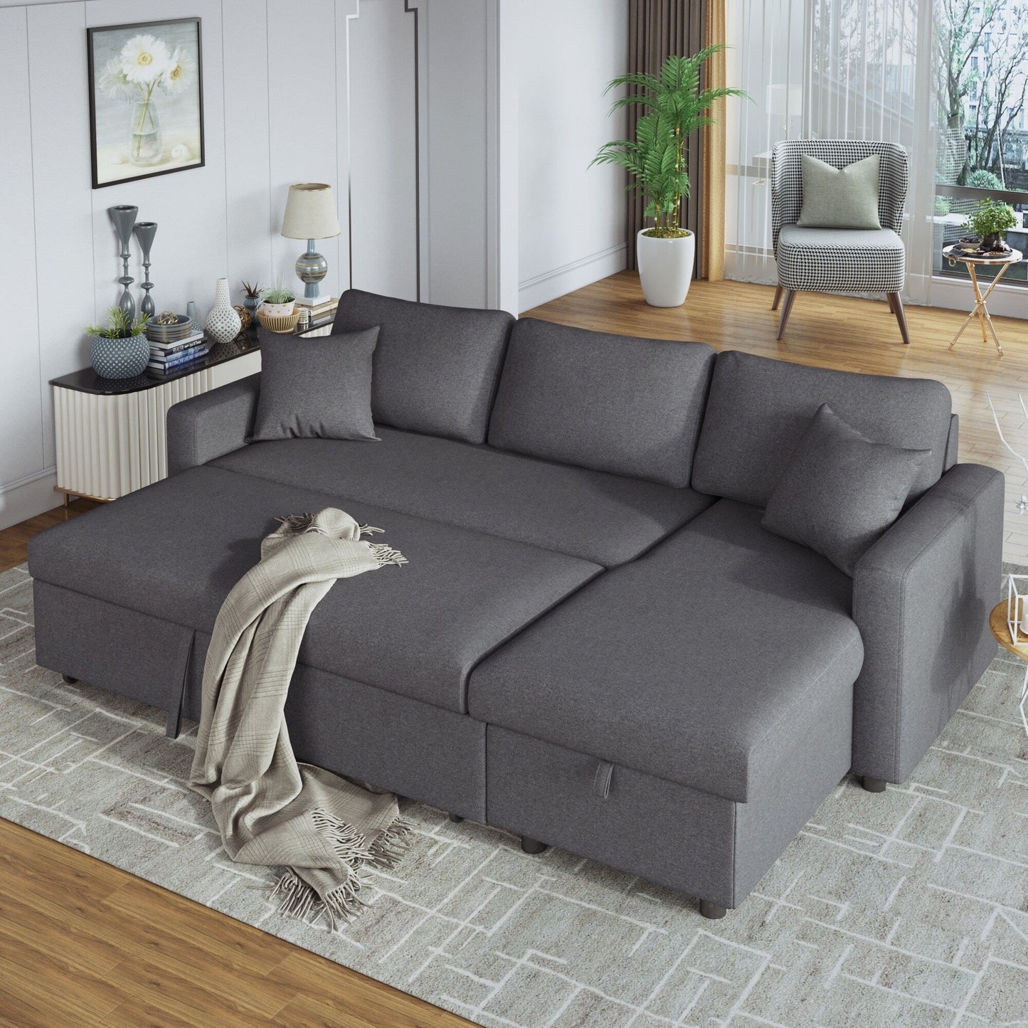Canapé d'angle convertible en forme de L avec lit escamotable et espace de rangement, 2 coussins décoratifs