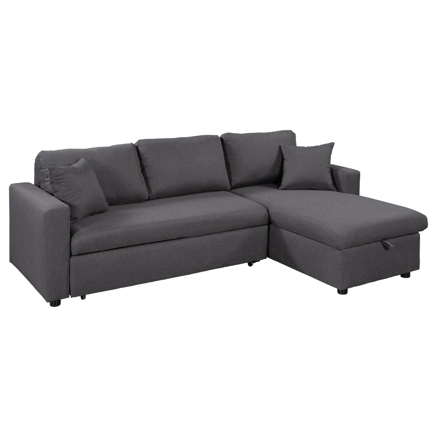 Canapé d'angle convertible en forme de L avec lit escamotable et espace de rangement, 2 coussins décoratifs