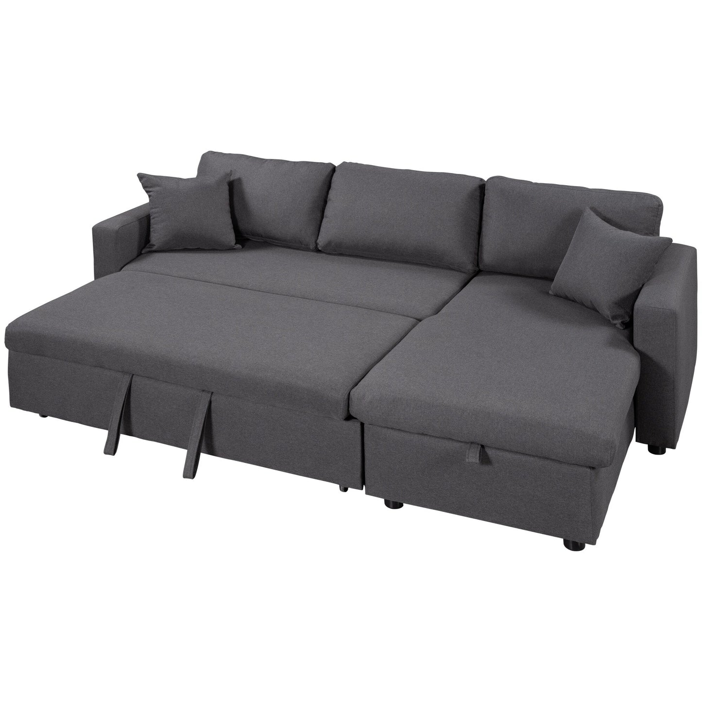 Canapé d'angle convertible en forme de L avec lit escamotable et espace de rangement, 2 coussins décoratifs