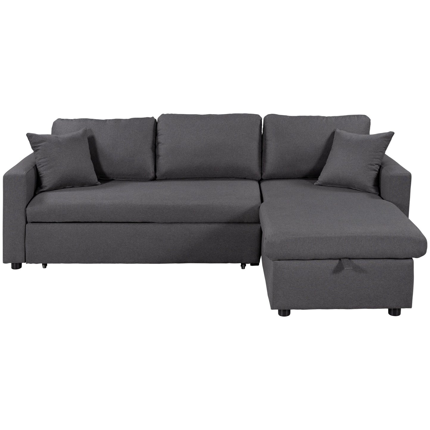 Canapé d'angle convertible en forme de L avec lit escamotable et espace de rangement, 2 coussins décoratifs
