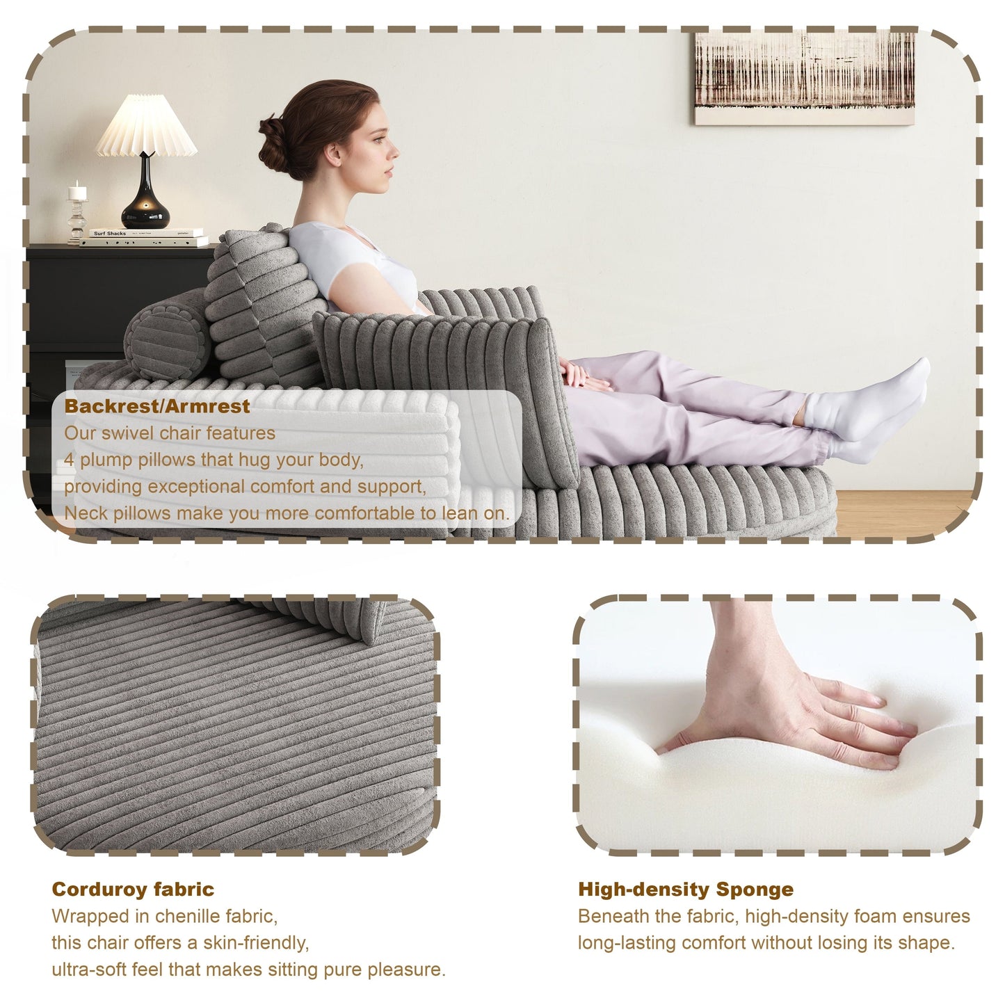 Fauteuil pivotant à une place en chenille cordouroyée et mousse