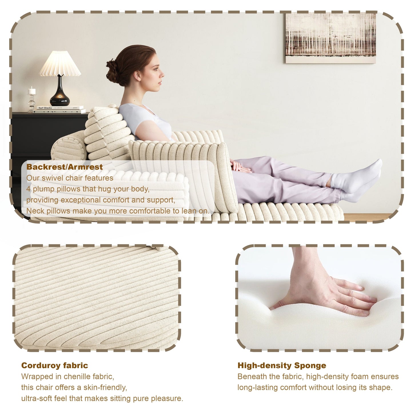 Fauteuil pivotant à une place en chenille cordouroyée et mousse